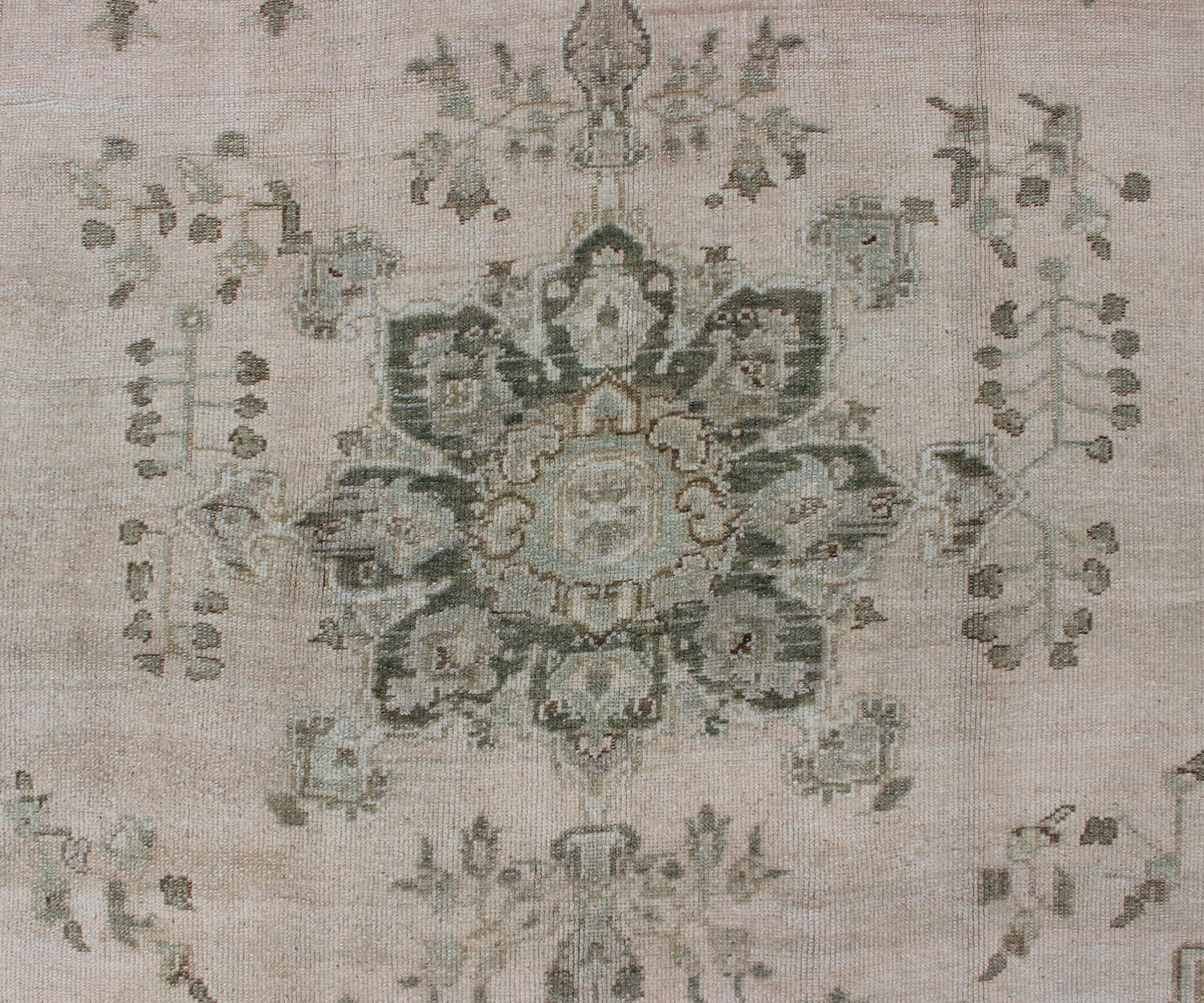 Wool Floral Medallion Turkish Oushak Rug in Green/Gray, Blush, Charcoal, and Silver For Sale