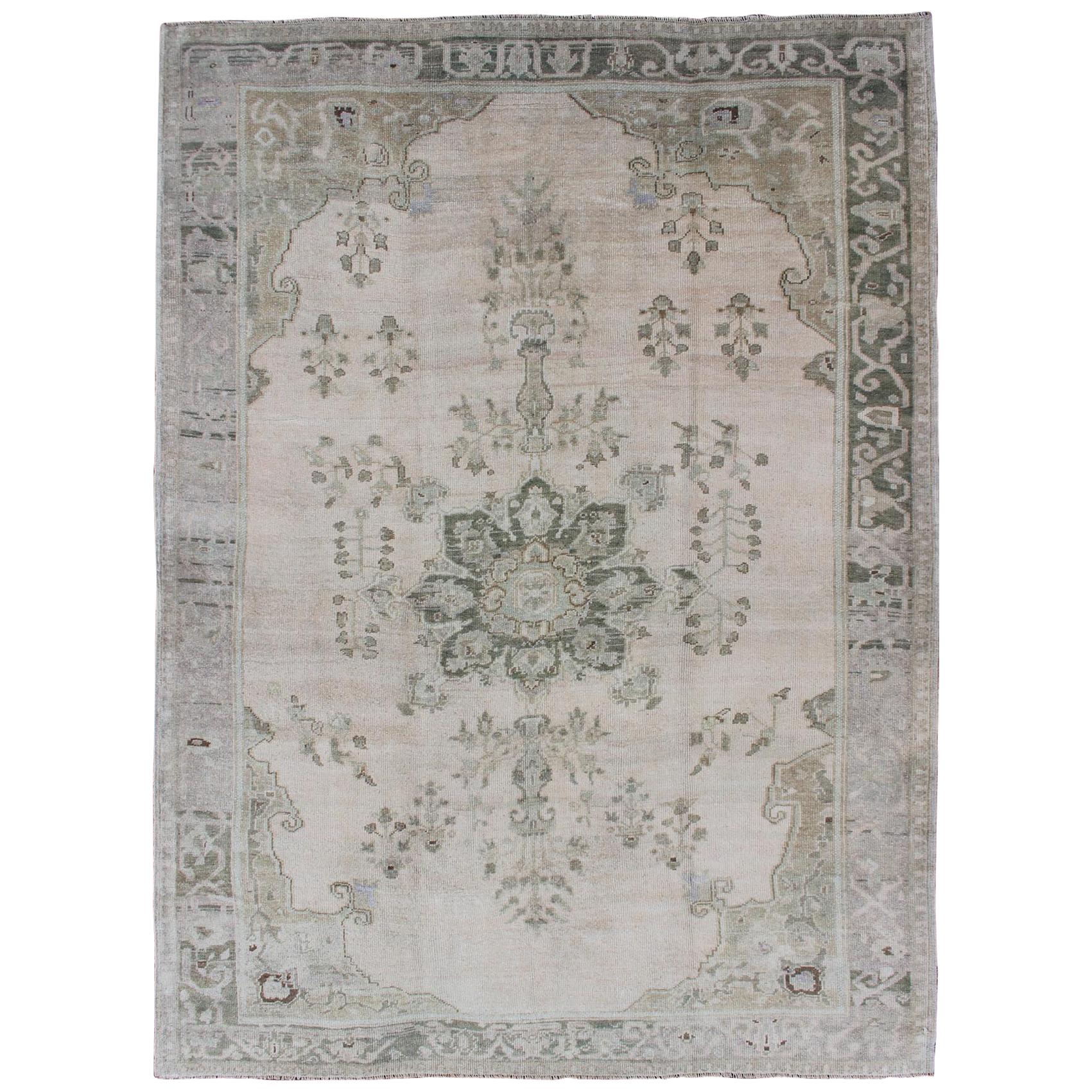 Floral Medallion Turkish Oushak Rug in Green/Gray, Blush, Charcoal, and Silver For Sale