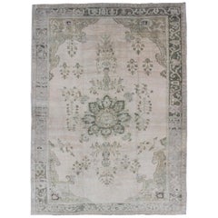 Vintage Floral Medallion Turkish Oushak Rug in Green/Gray, Blush, Charcoal, and Silver