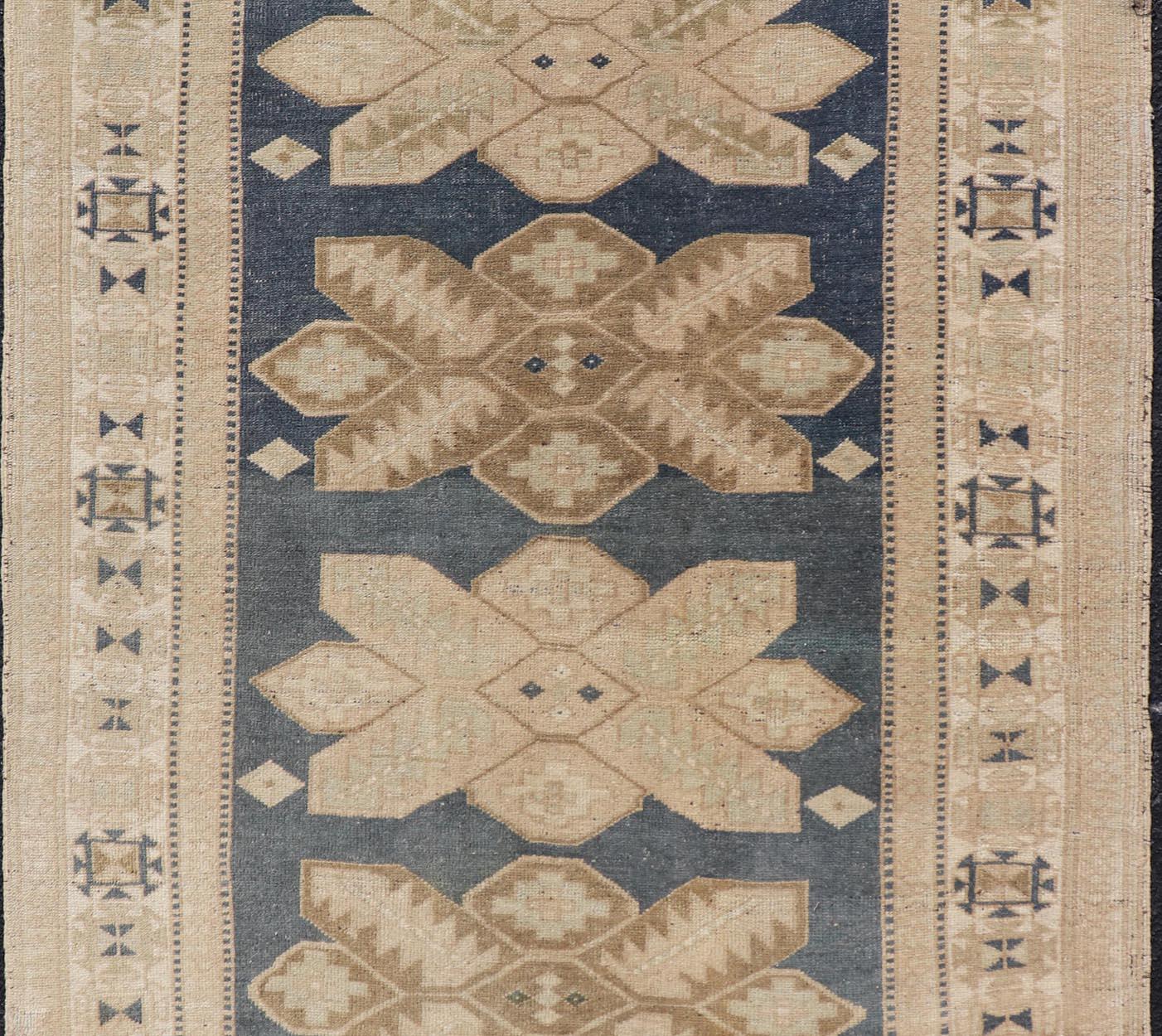Floral Medallion Vintage Hand Knotted Turkish Oushak Rug with Geometric Border In Good Condition For Sale In Atlanta, GA