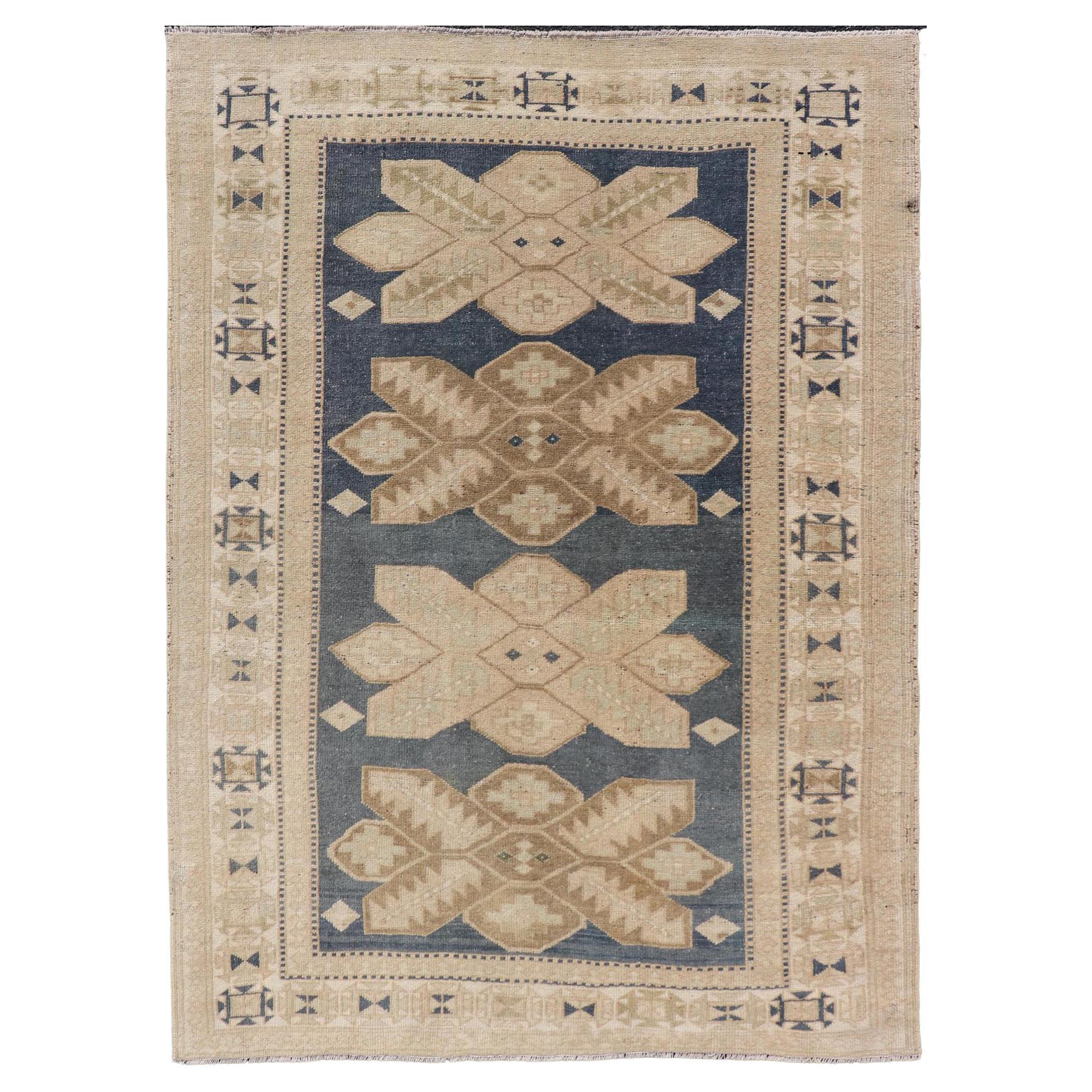 Floral Medallion Vintage Hand Knotted Turkish Oushak Rug with Geometric Border For Sale