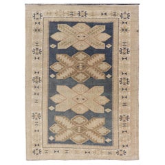 Floral Medallion Vintage Hand Knotted Turkish Oushak Rug with Geometric Border