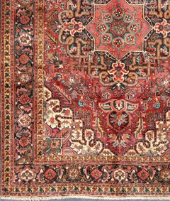 Floral Medallion Vintage Persian Heriz Rug in Red, Blue