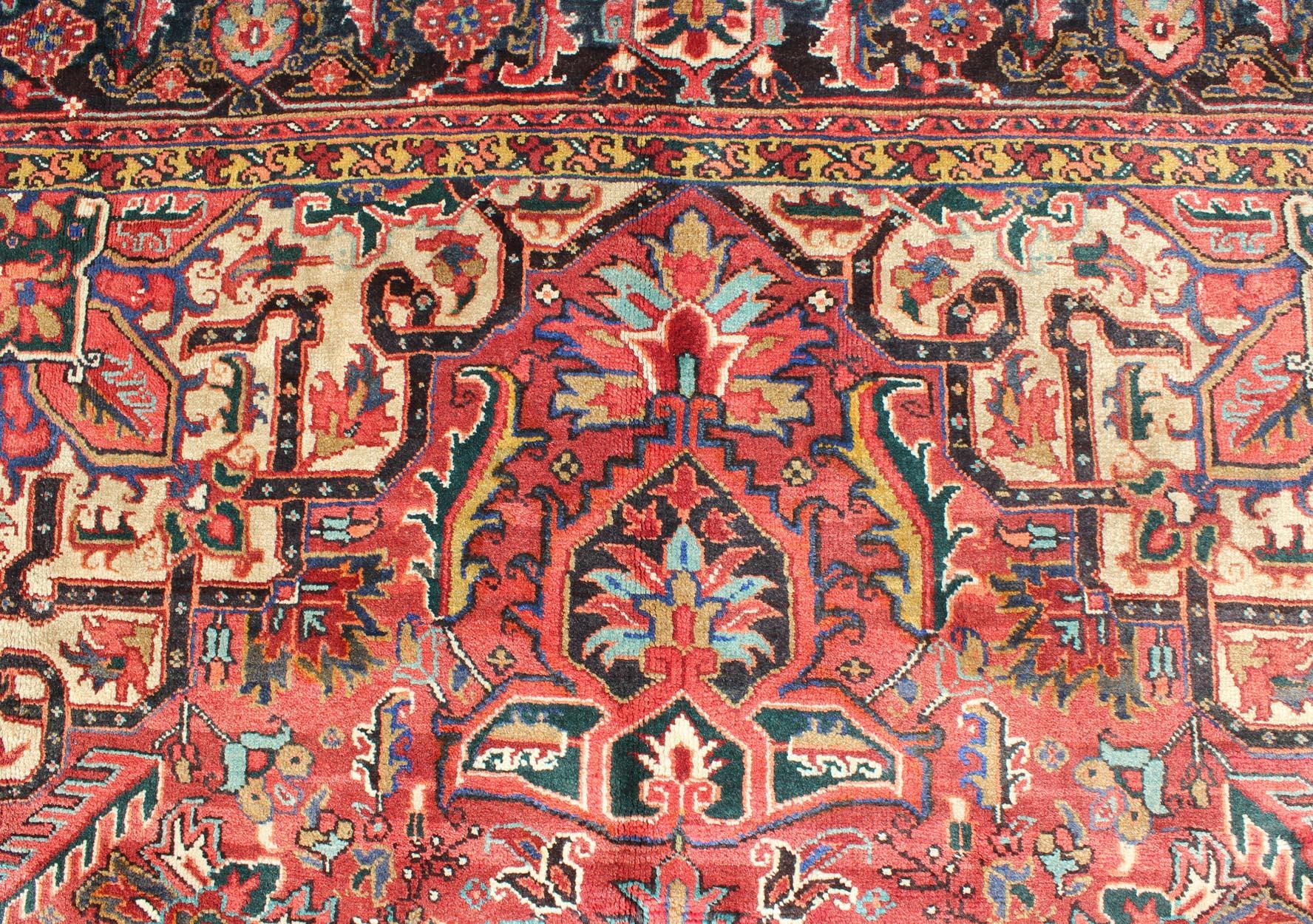Hand-Knotted Floral Medallion Vintage Persian Heriz Rug in Red, Blue