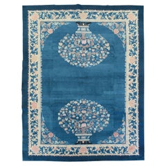 Floral Mid-20th Century Chinese Peking Room Size Carpet in Blue and Cream