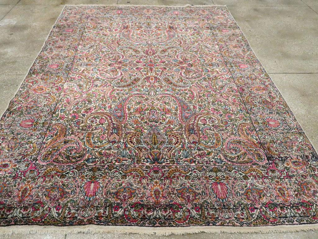 Floral Mid-20th Century Handmade Persian Lavar Kerman Room Size Rug In Excellent Condition In New York, NY