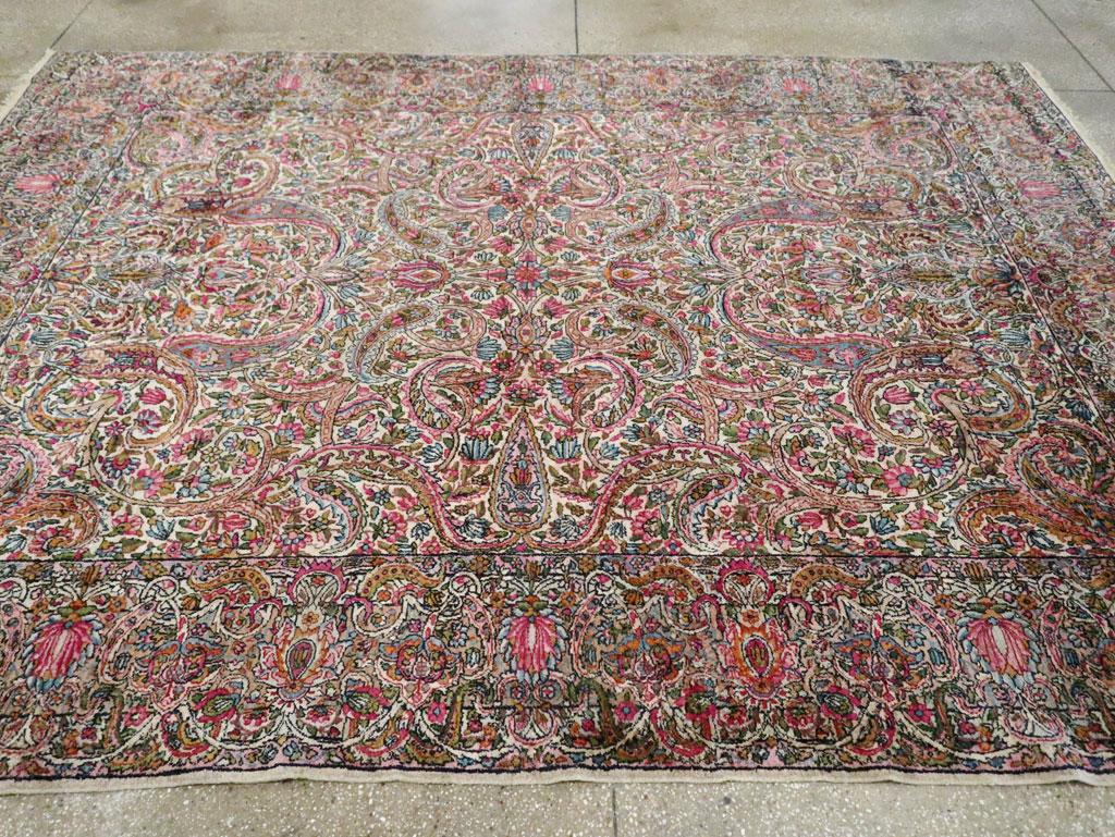 Floral Mid-20th Century Handmade Persian Lavar Kerman Room Size Rug 1