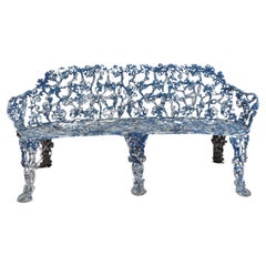 Floral Mid Century Original Painted Blue Garden Bench