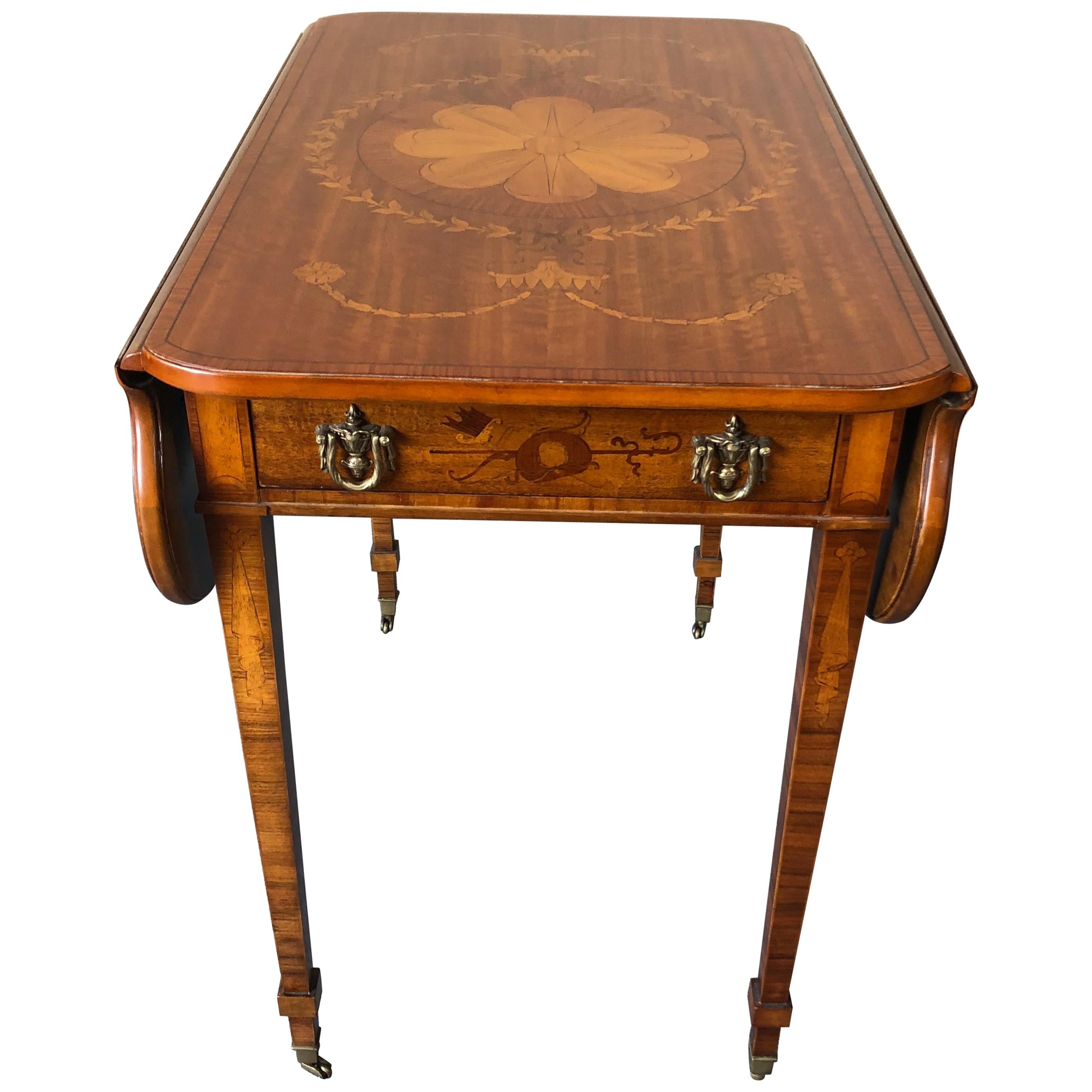 Floral Mixed Wood Inlay Drop-leaf Pembroke Side Table For Sale