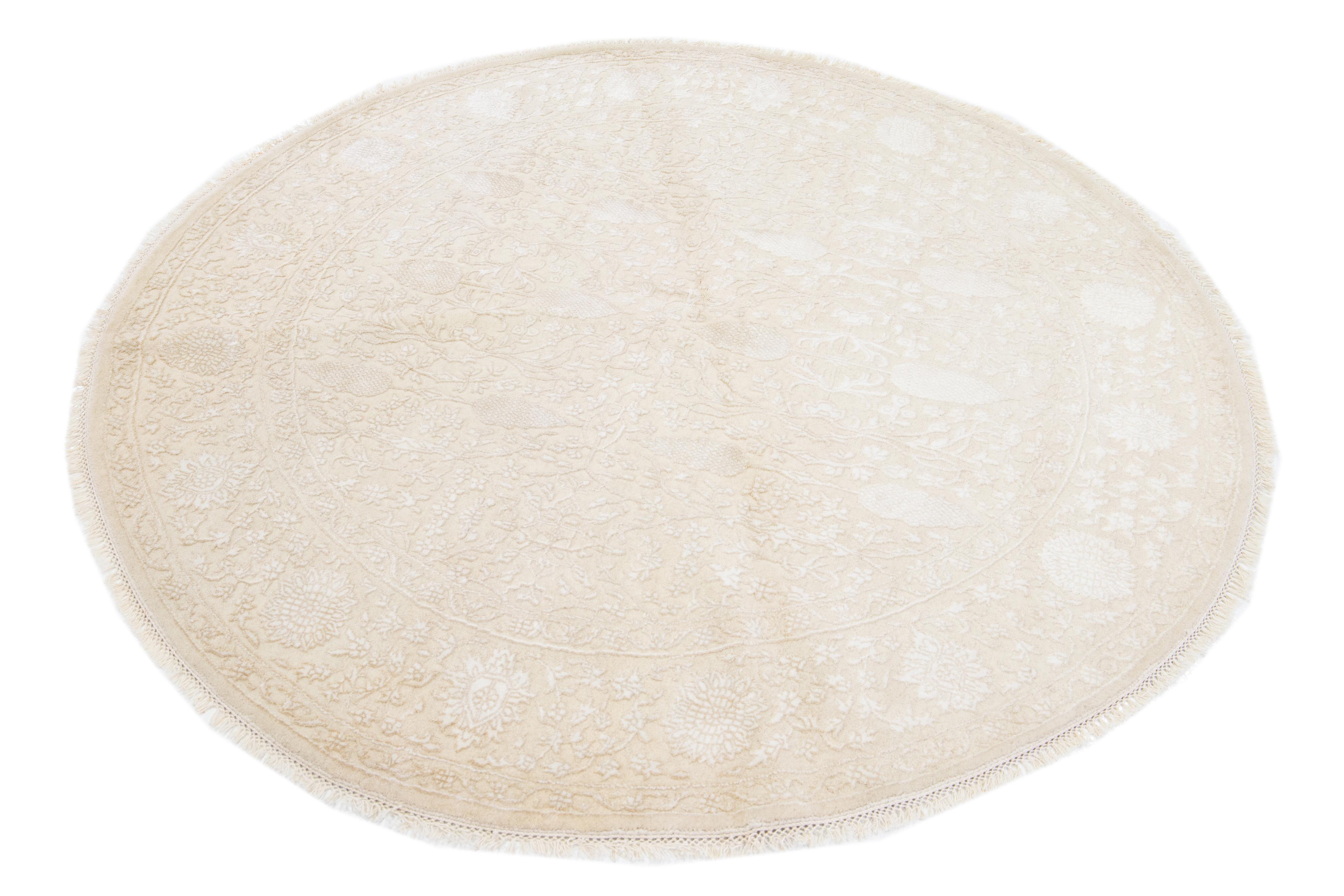 Contemporary Floral Modern Handmade Indian Wool and Silk Round Rug in Beige For Sale
