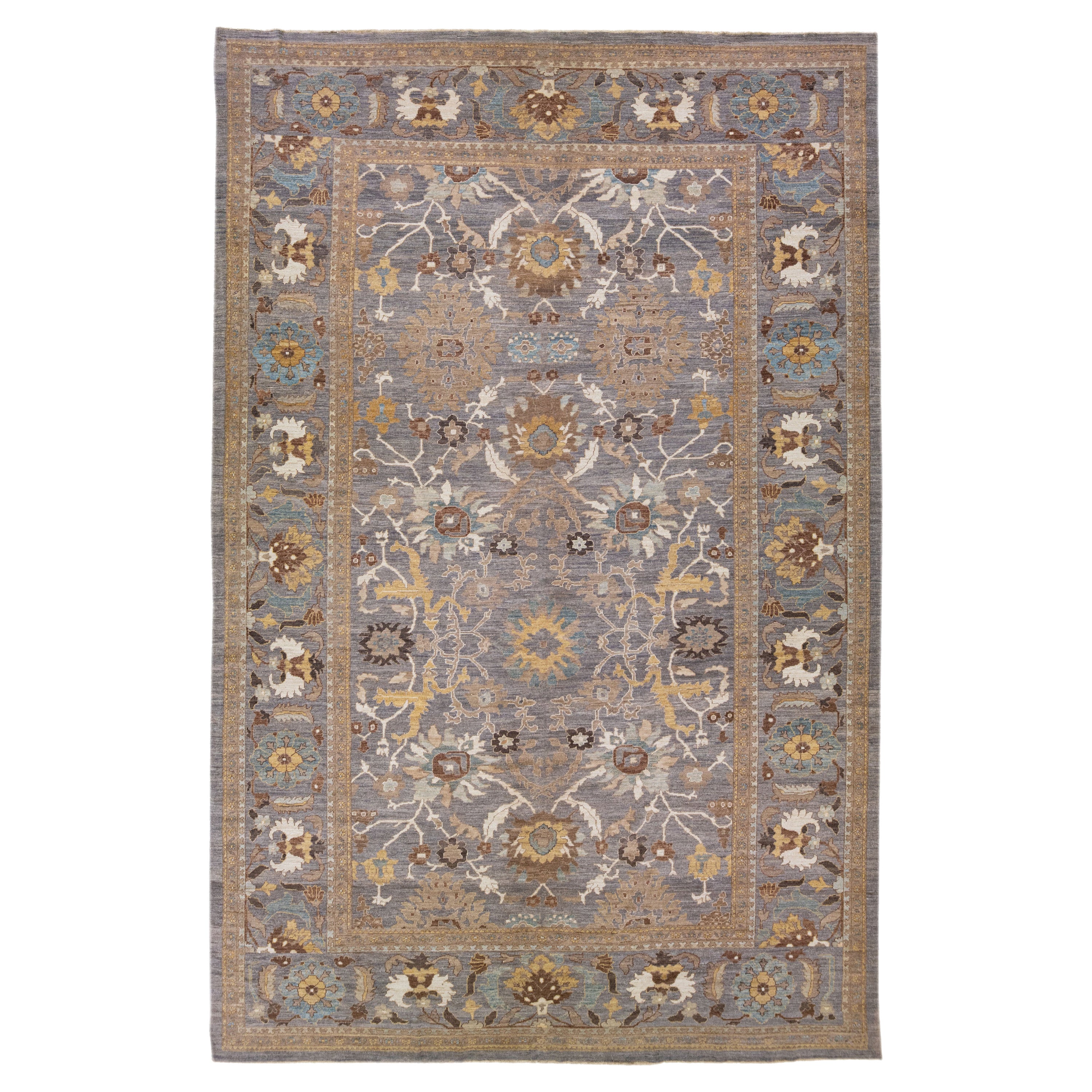 Tappeto floreale moderno persiano Sultanabad Rugs fatto a mano in lana oversize con campo grigio