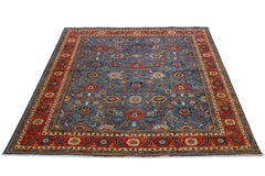 Floral Modern Serapi Style Wool Rug With Navy Blue Field