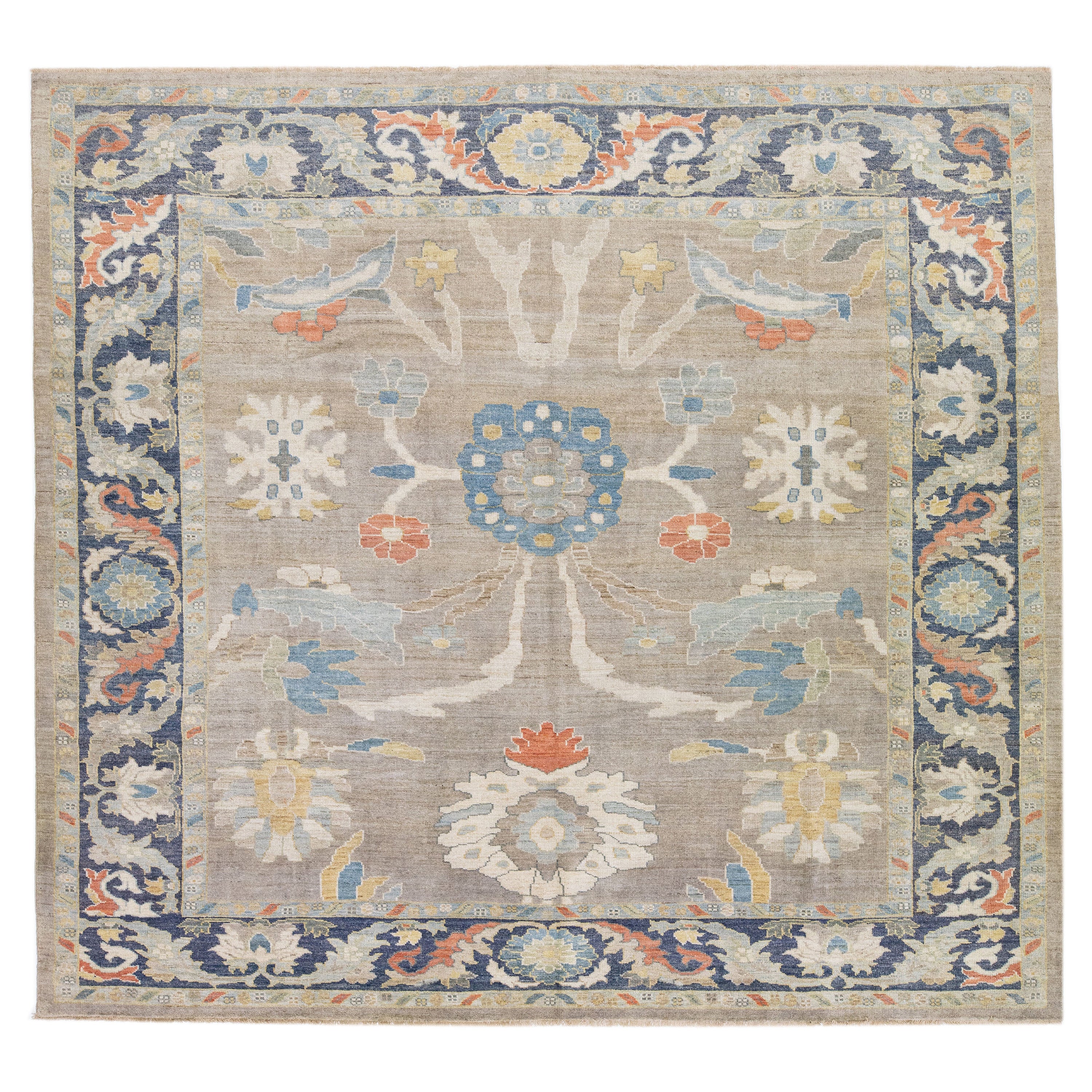 Floral Modern Sultanabad Gray Handmade Square Wool Rug For Sale