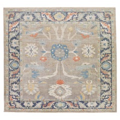 Tappeto quadrato in lana Sultanabad Rugs moderno e floreale, grigio, fatto a mano