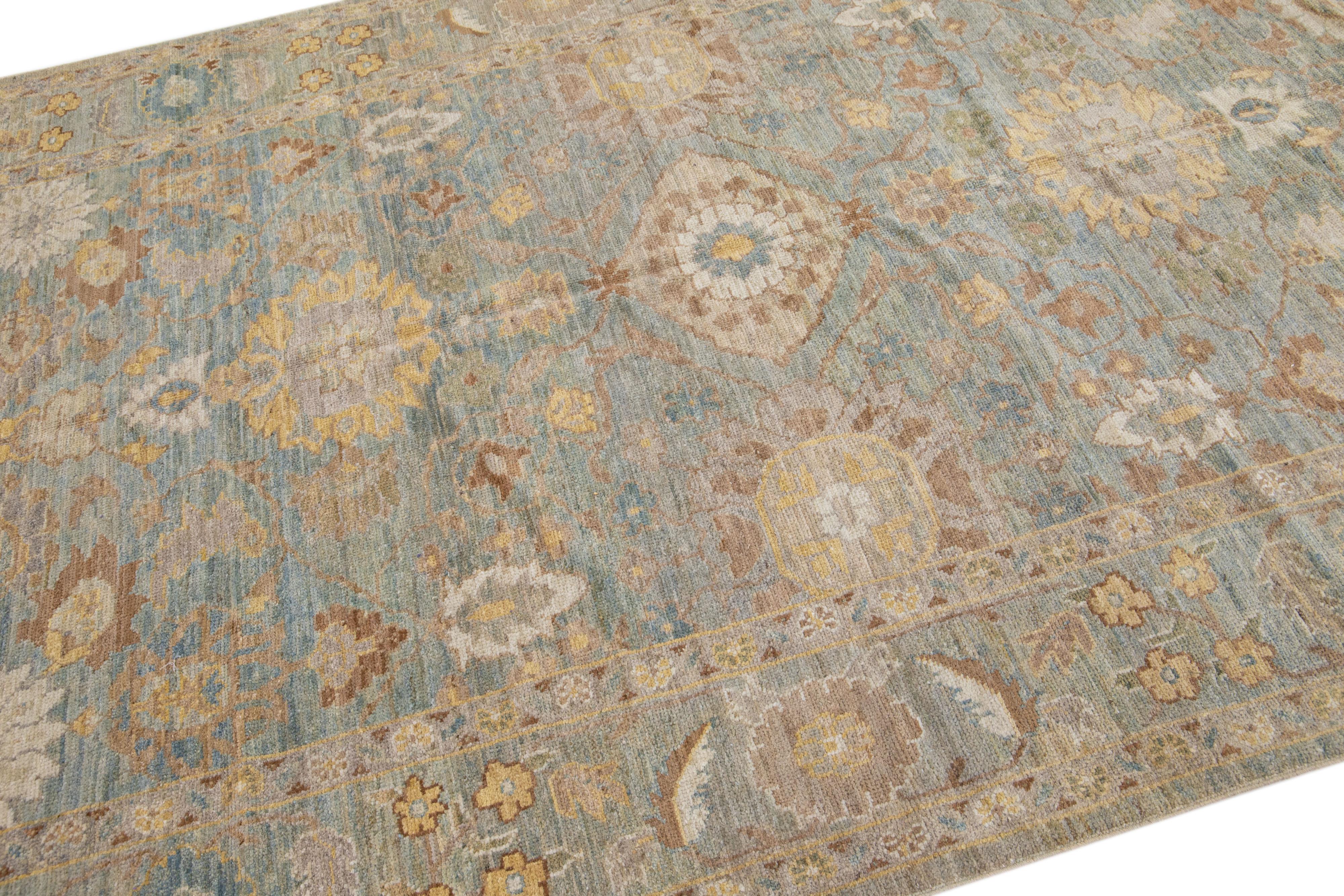 Persian Floral Modern  Sultanabad Handmade Blue Wool Rug For Sale
