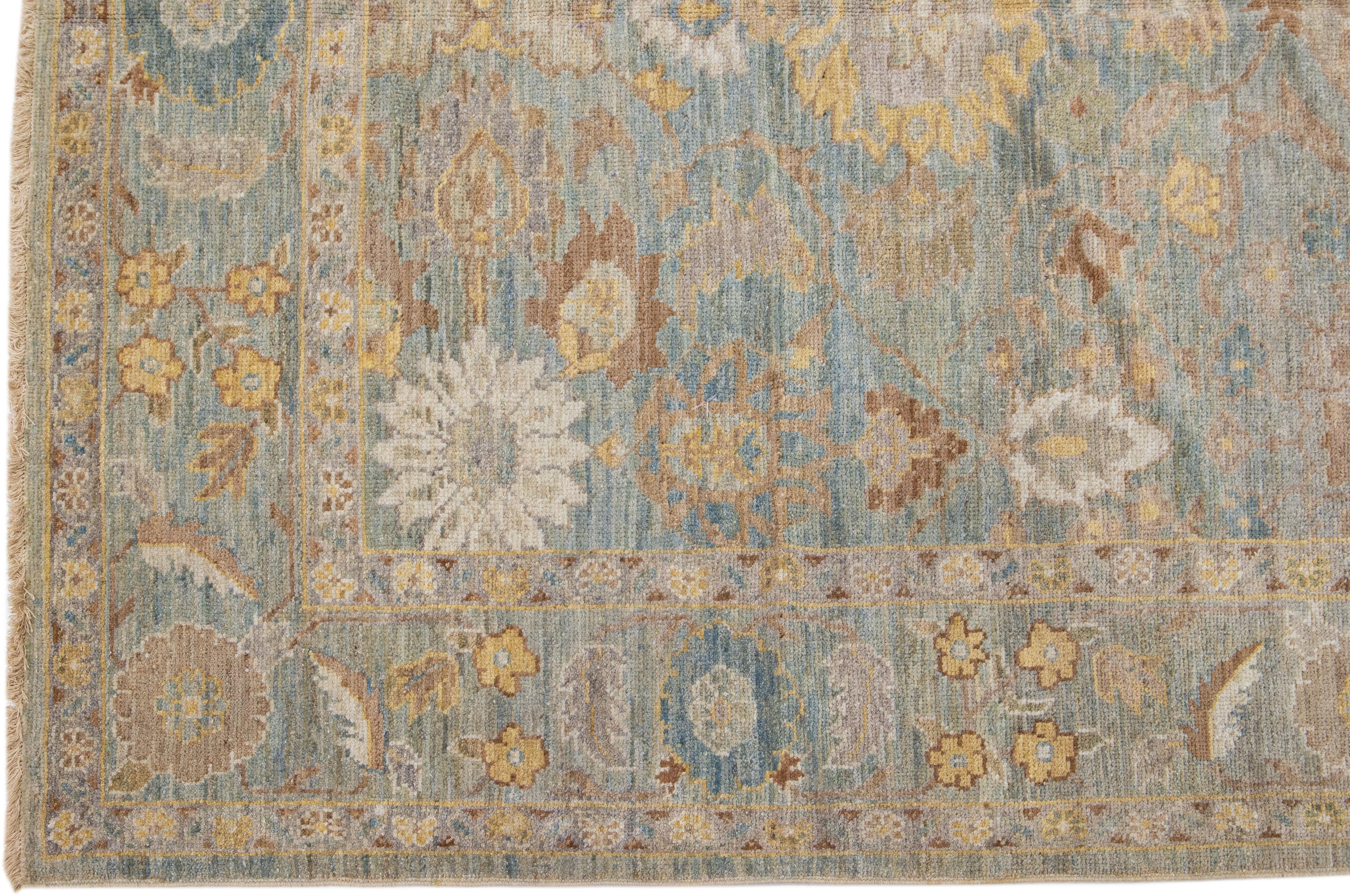 Hand-Knotted Floral Modern  Sultanabad Handmade Blue Wool Rug For Sale