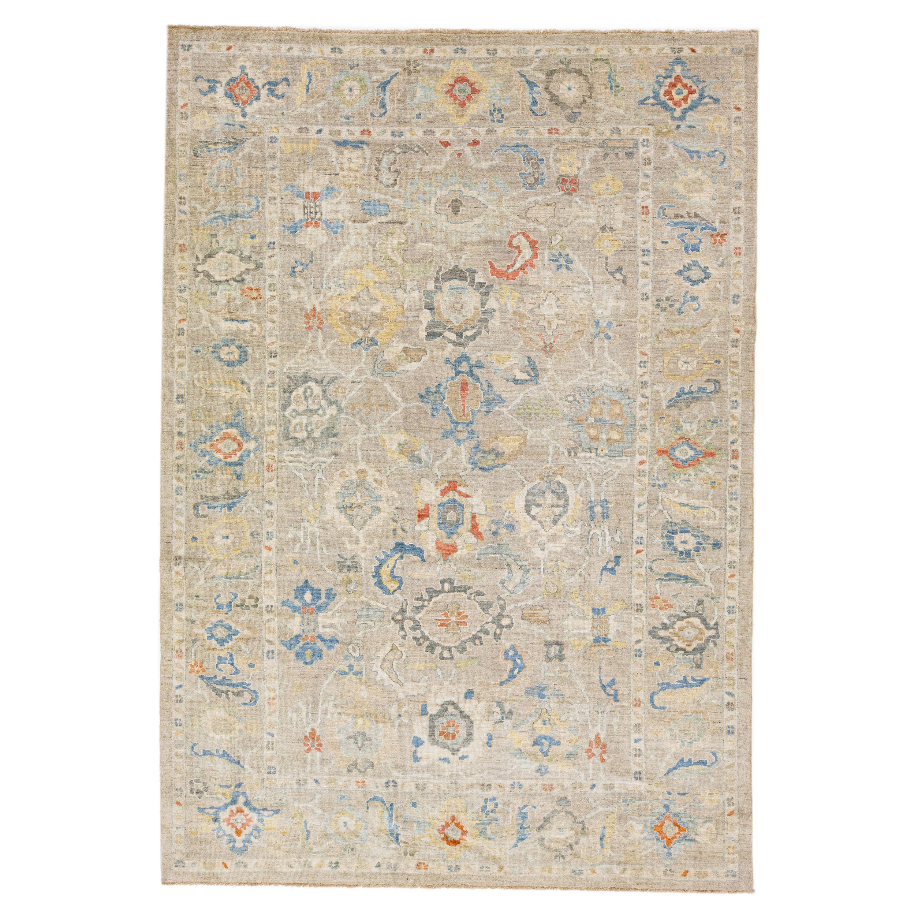 Tapis moderne à fleurs en laine de Sultanabad fait à la main avec champ beige