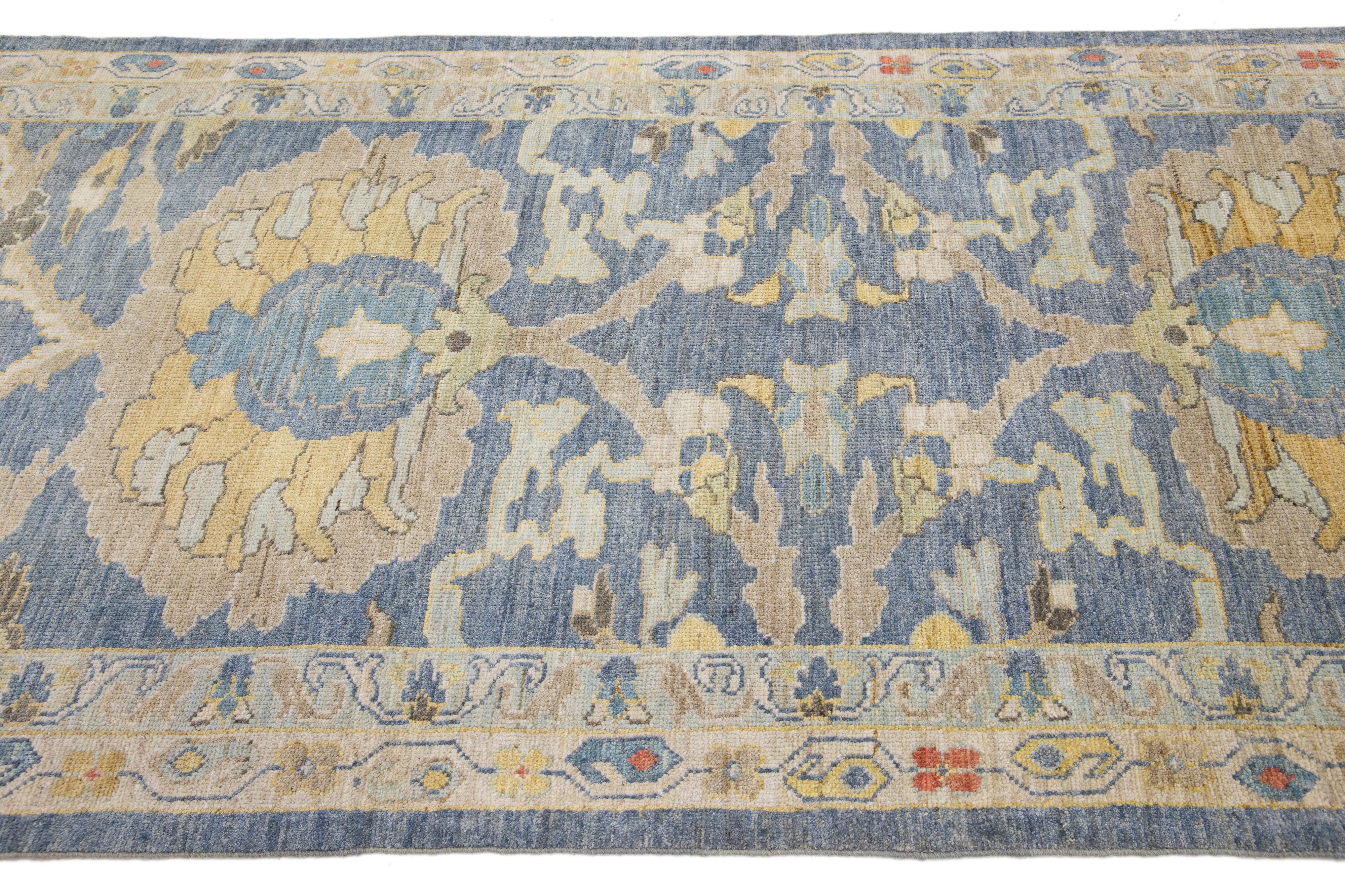 Hand-Knotted Floral Modern Sultanabad Long Wool Runner in Navy Blue For Sale