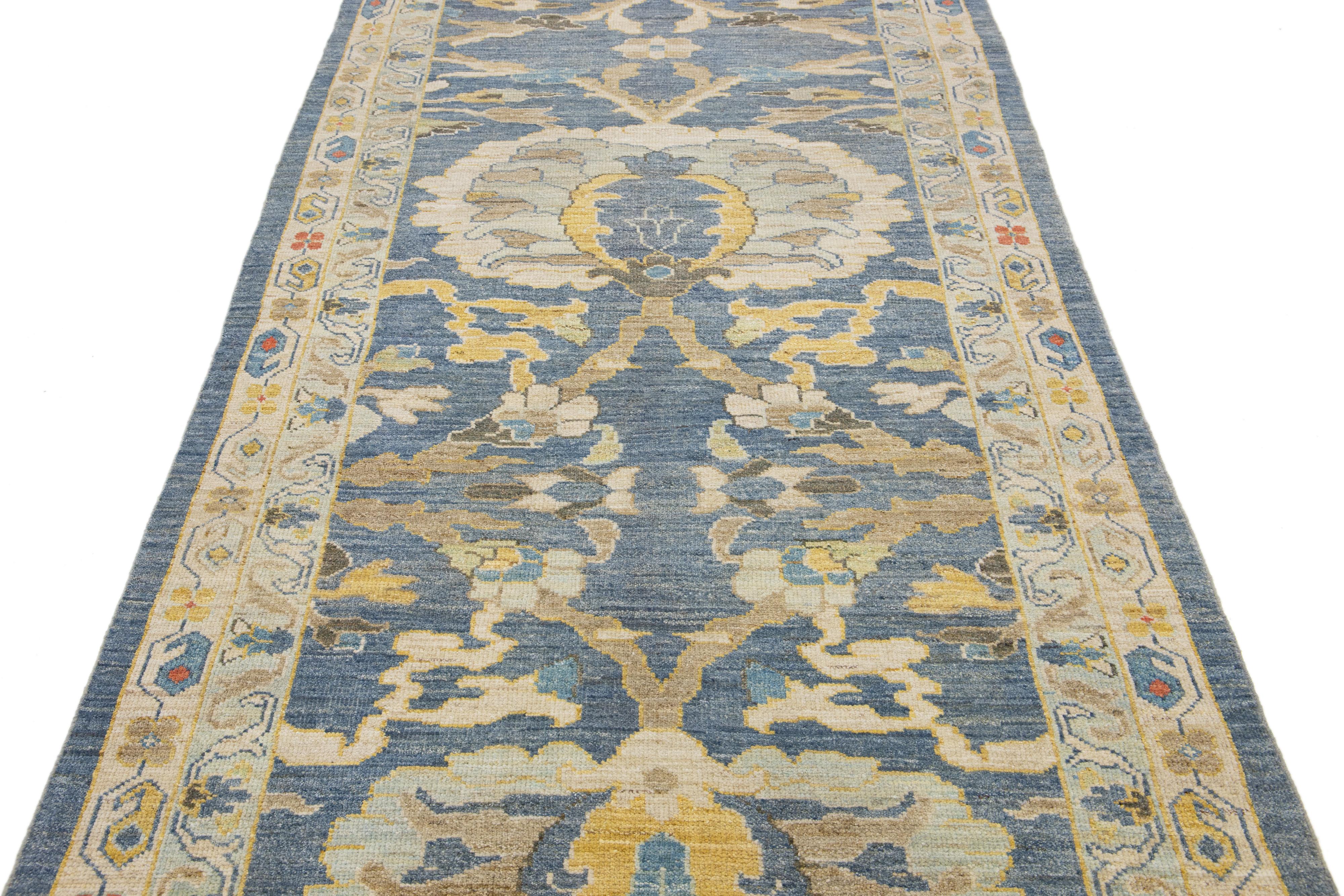Contemporary Floral Modern Sultanabad Long Wool Runner in Navy Blue For Sale