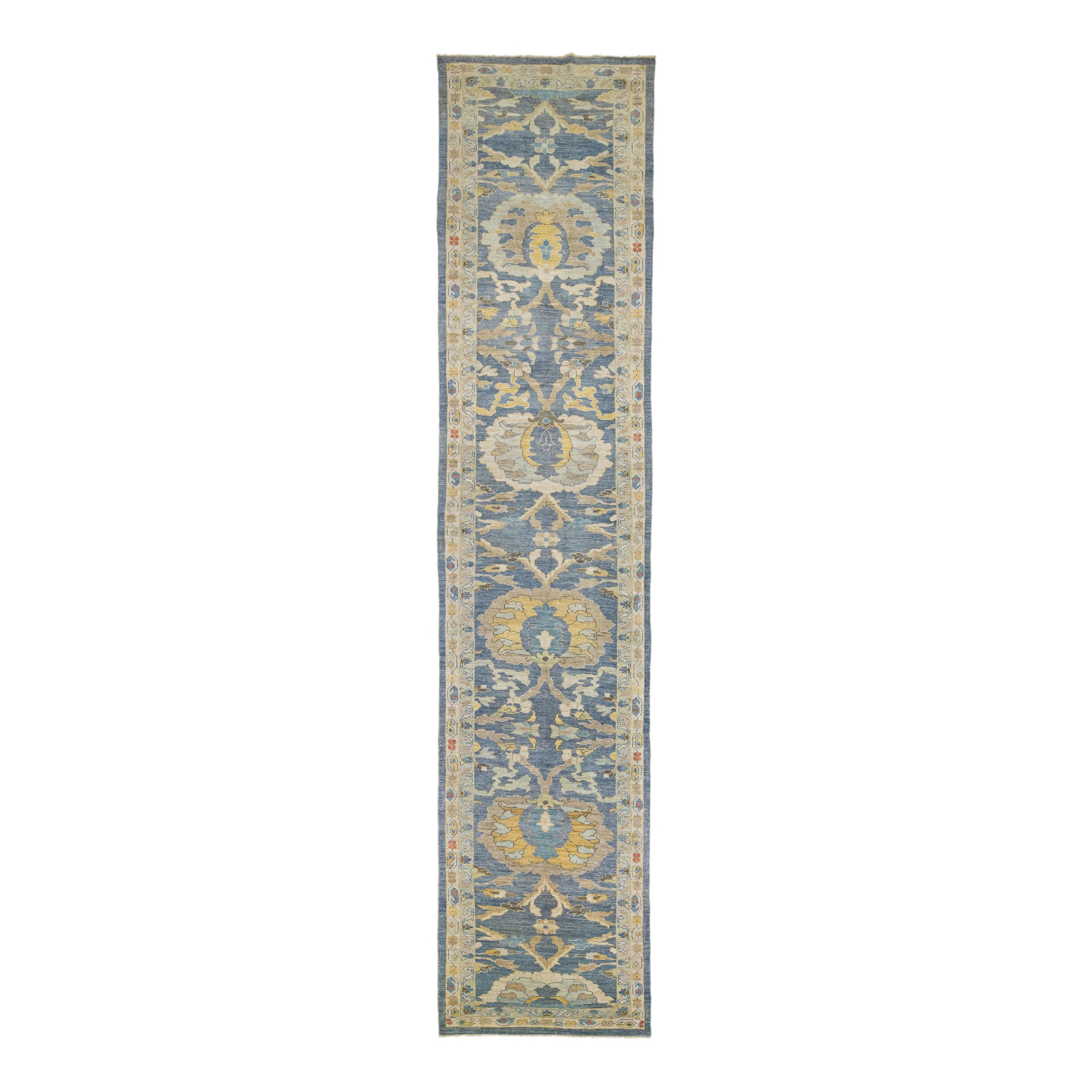 Runner in lana lungo Sultanabad moderno e floreale in blu navy