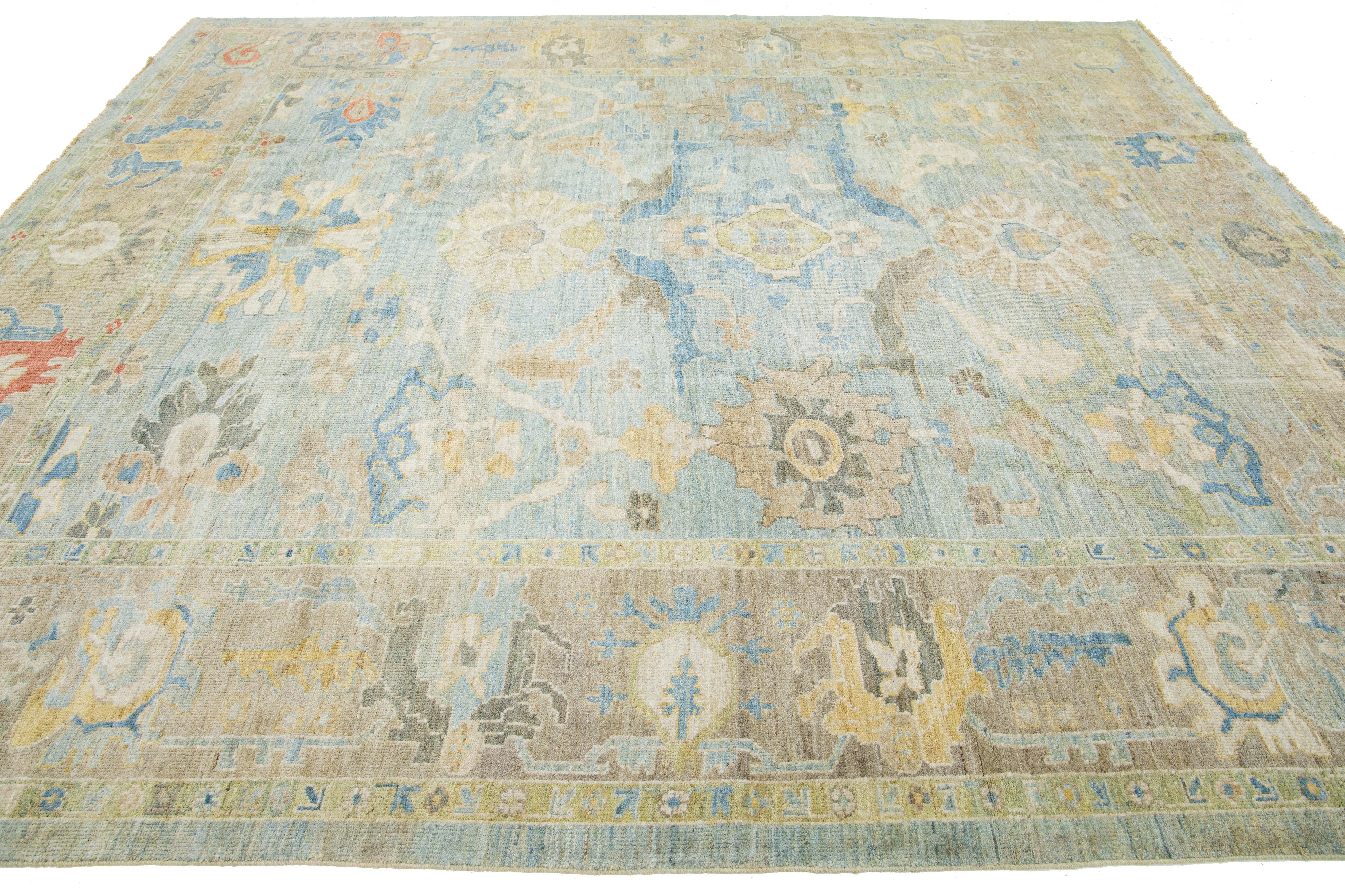 Hand-Knotted Floral Modern Sultanabad Room Size Wool Rug In Blue For Sale