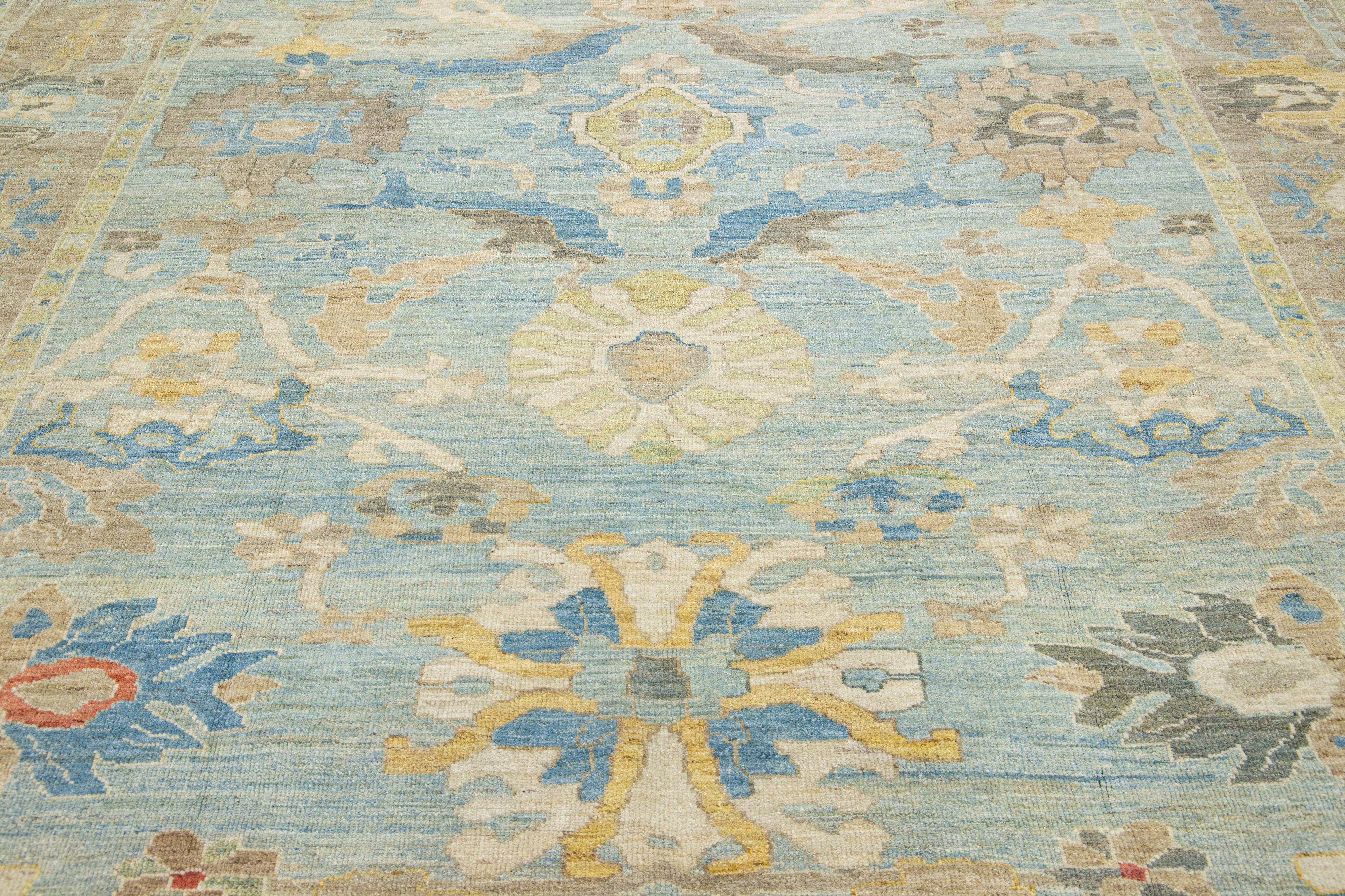 Contemporary Floral Modern Sultanabad Room Size Wool Rug In Blue For Sale