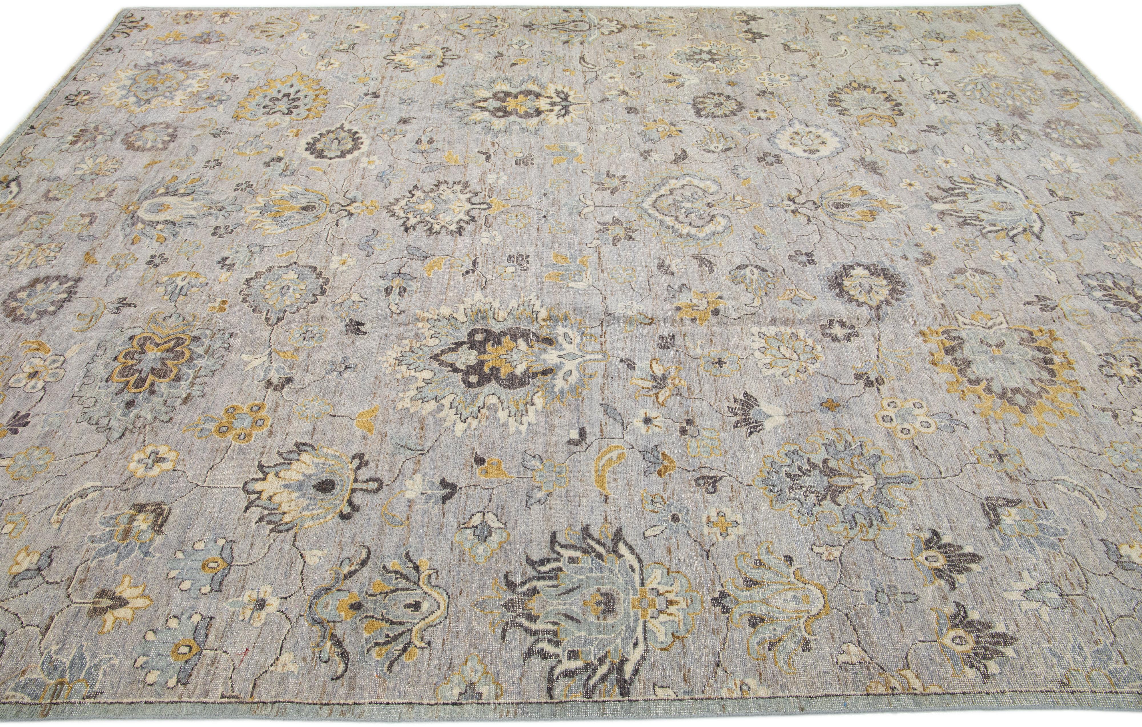 Floral Modern Tabriz Handmade Indian Wool Rug in Gray by Apadana In New Condition For Sale In Norwalk, CT