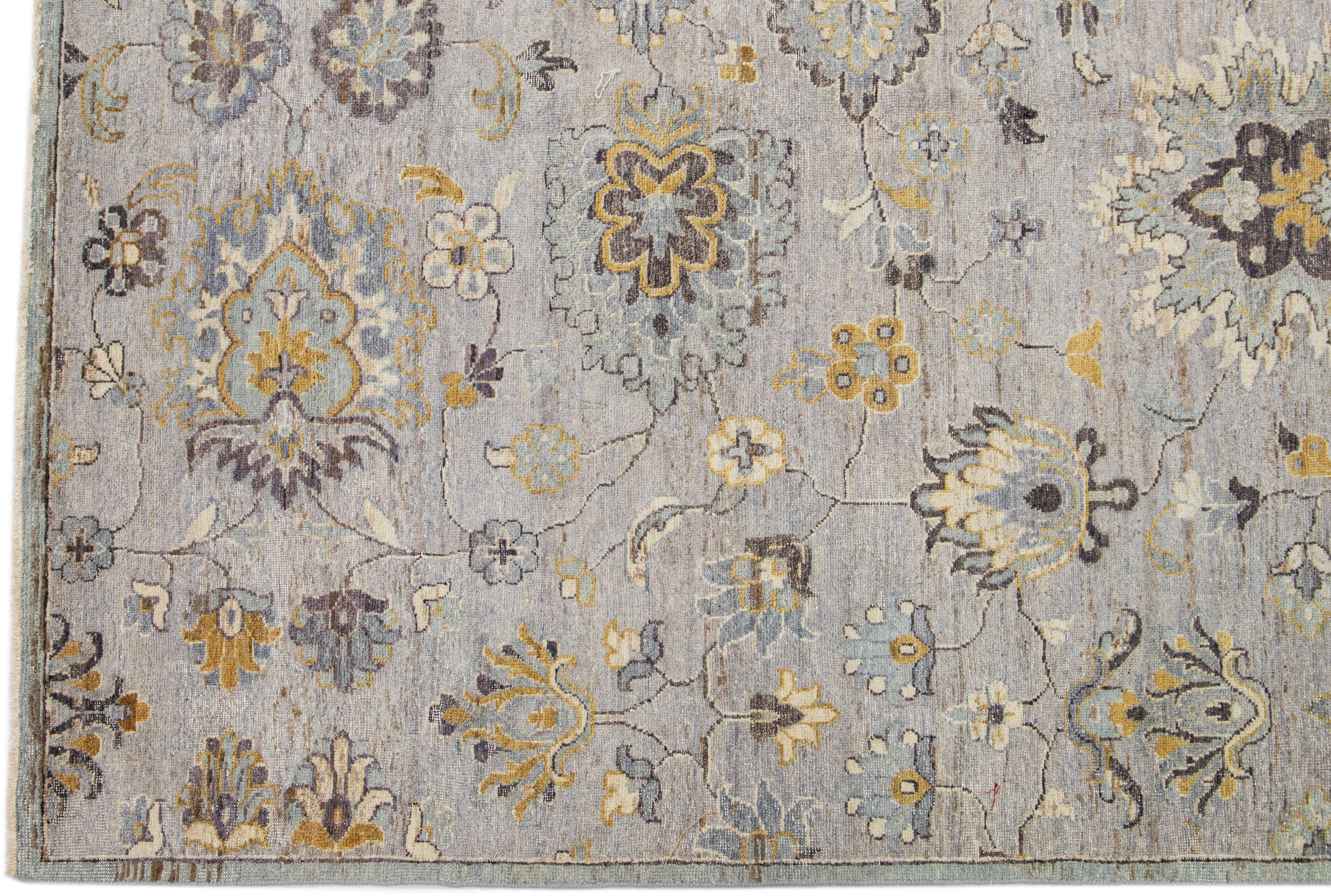 Contemporary Floral Modern Tabriz Handmade Indian Wool Rug in Gray by Apadana For Sale