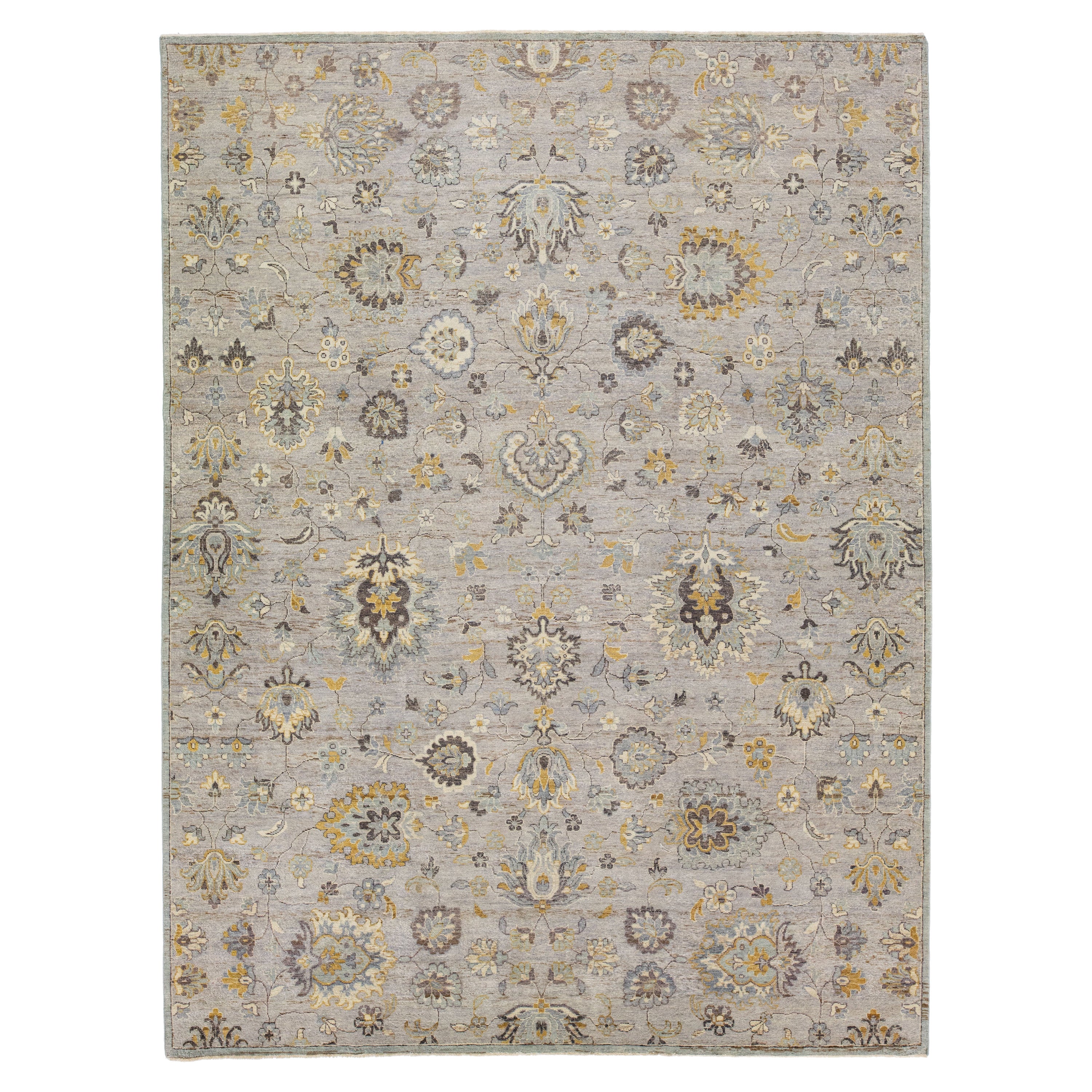Tapis moderne en laine indienne à motifs floraux Tabriz fait à la main en gris par Apadana