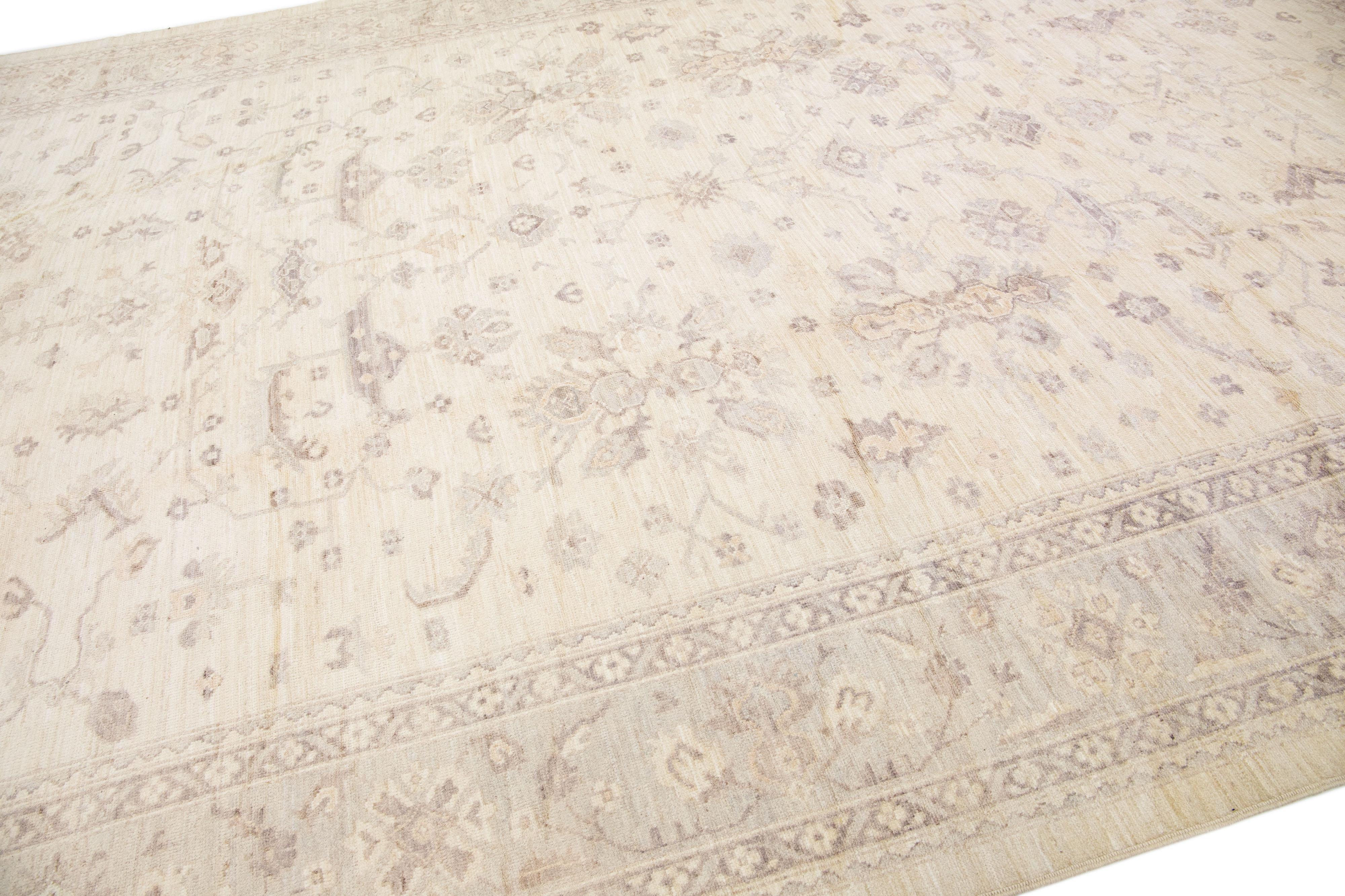 Hand-Knotted Floral Modern Turkish Oushak Handmade Beige & Gray Wool Rug For Sale