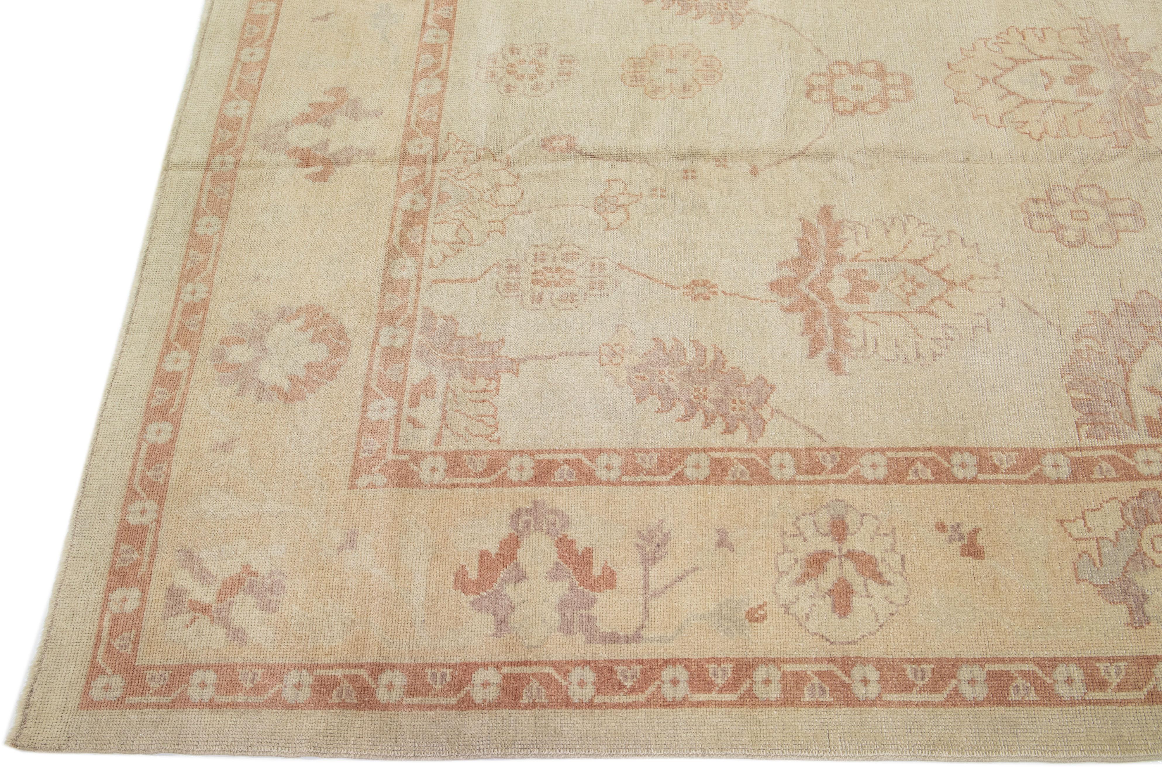 Hand-Knotted Floral Modern Turkish Oushak Handmade Beige Wool Rug  For Sale