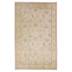 Tappeto floreale moderno turco Oushak fatto a mano in lana beige