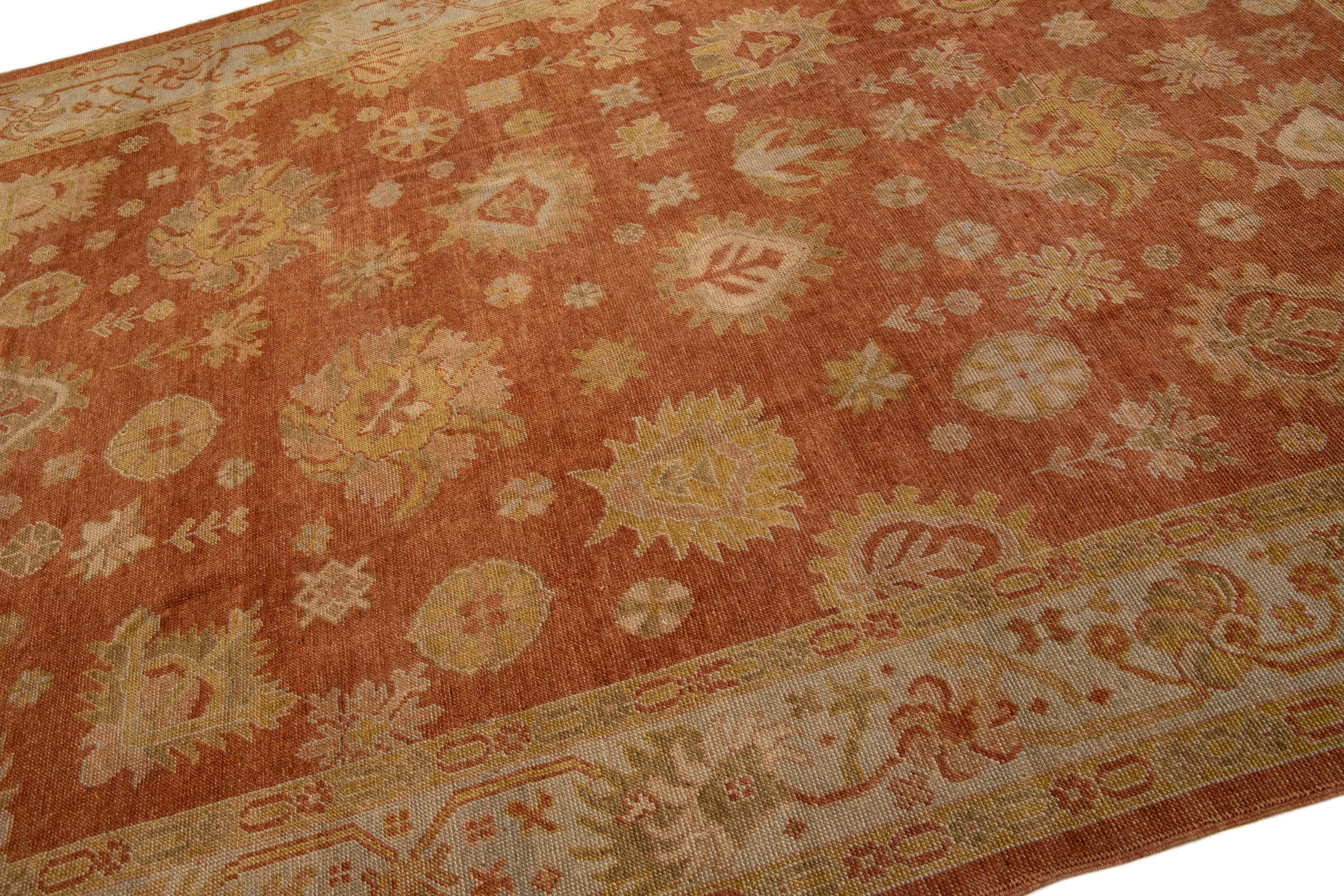 Hand-Knotted Floral Modern Turkish Oushak Handmade Wool Rug with Copper Color Field For Sale