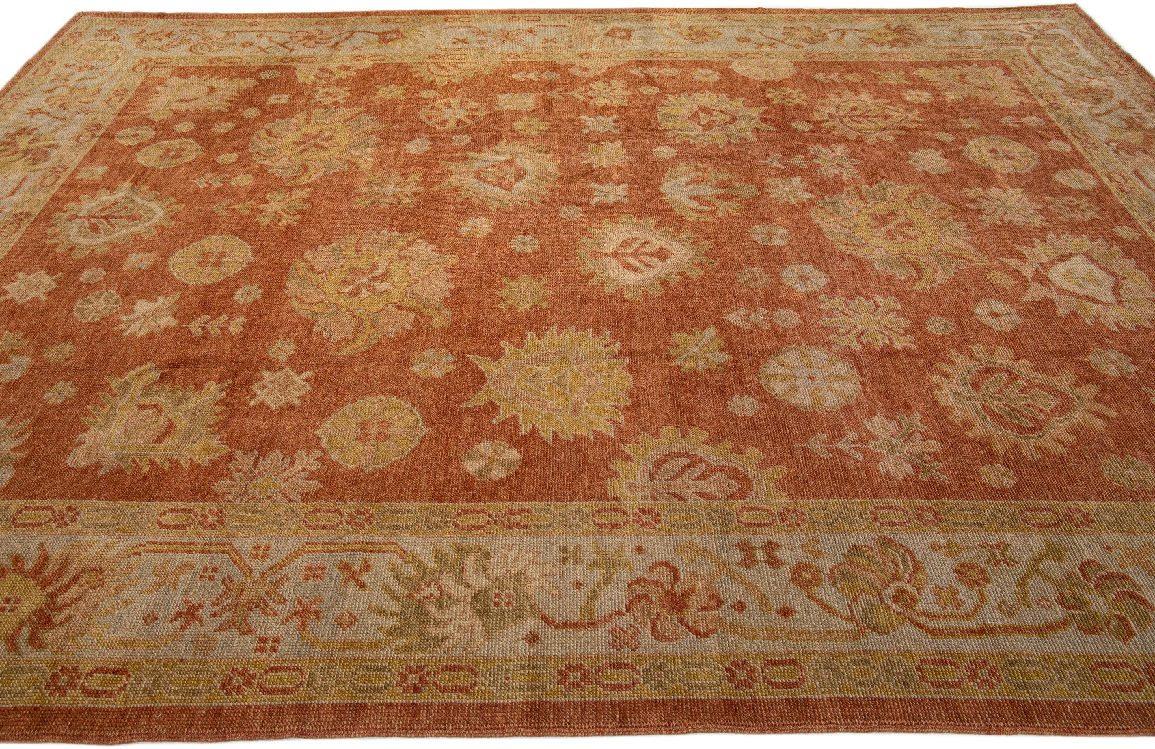 Floral Modern Turkish Oushak Handmade Wool Rug with Copper Color Field In New Condition For Sale In Norwalk, CT