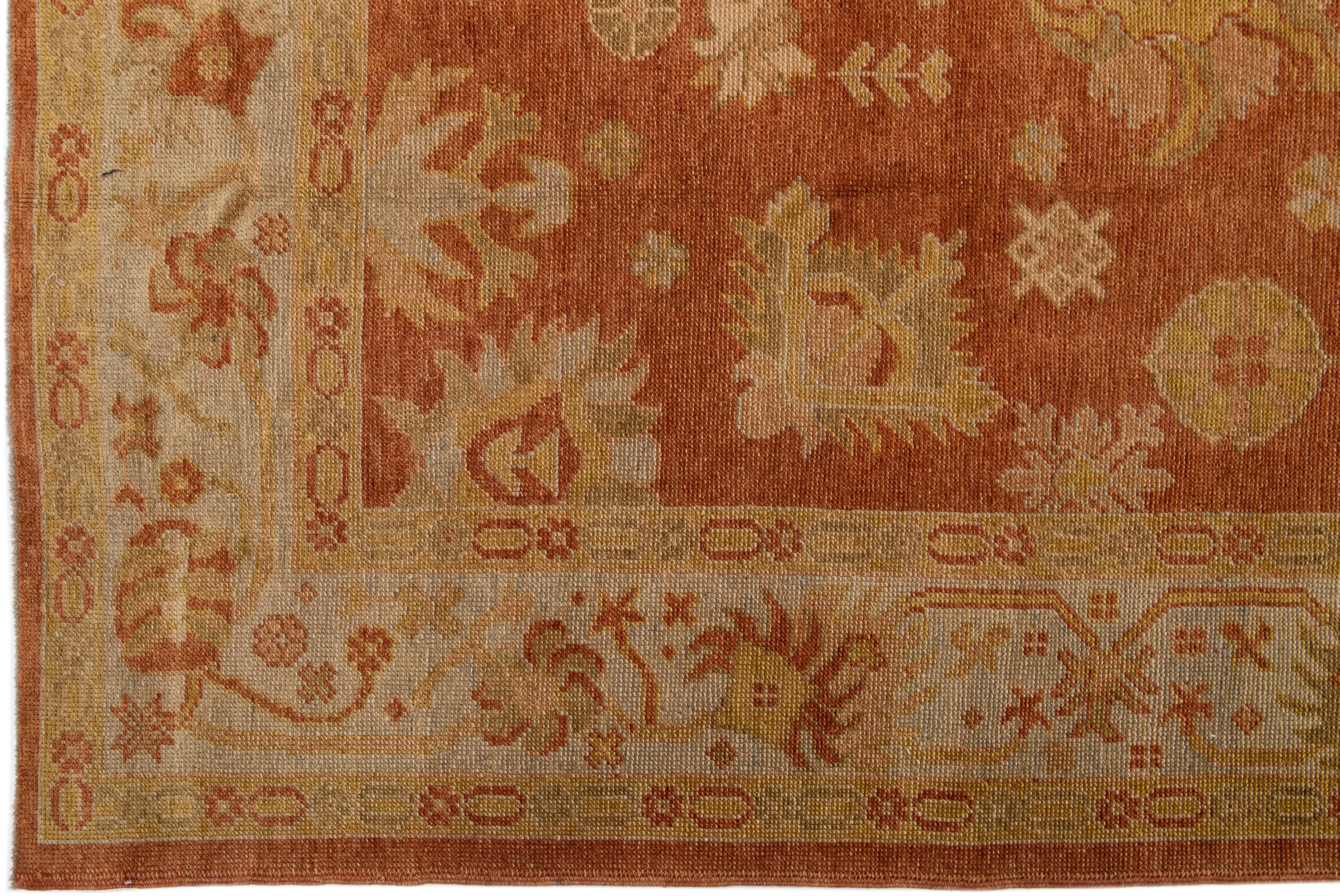 Contemporary Floral Modern Turkish Oushak Handmade Wool Rug with Copper Color Field For Sale