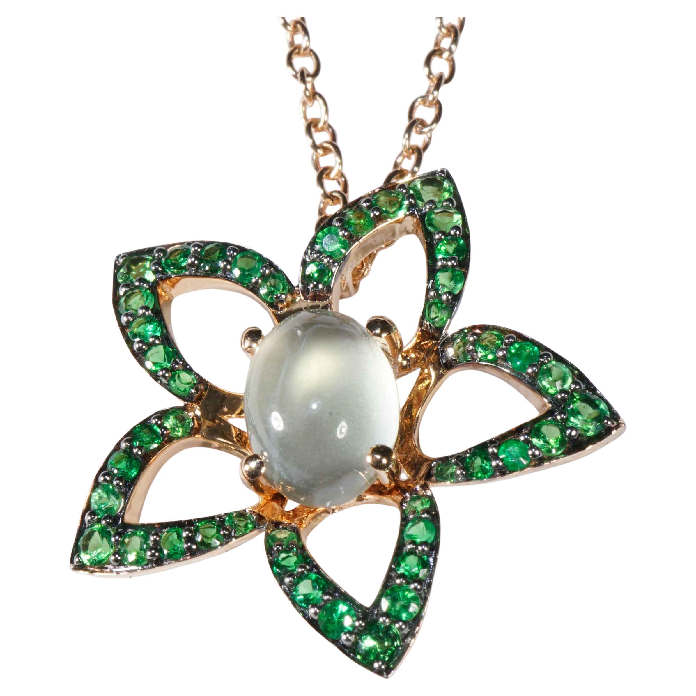 Floral Moonstone Tsavorite Pendant with Chain poison green and moonlight 19x6mm