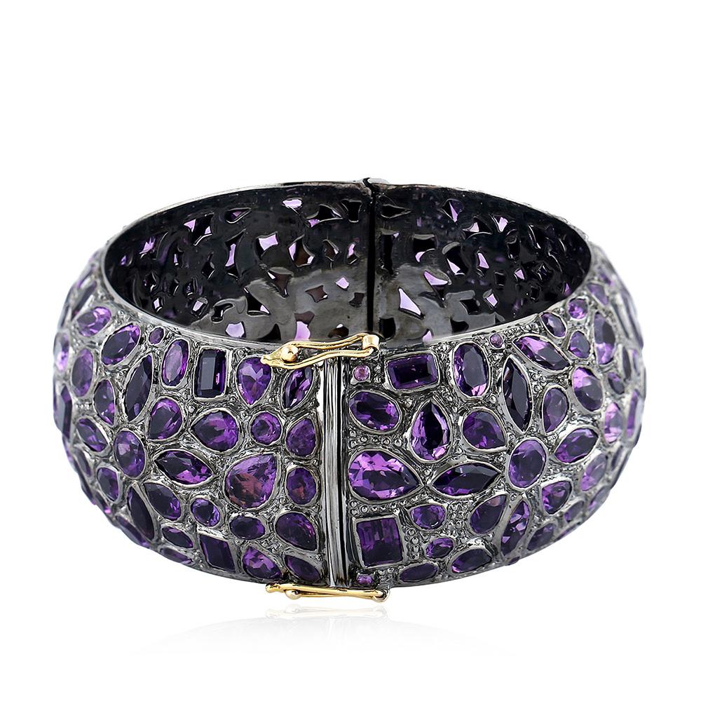 Artisan Floral Mosaic Style Amethyst Bangle in Silver