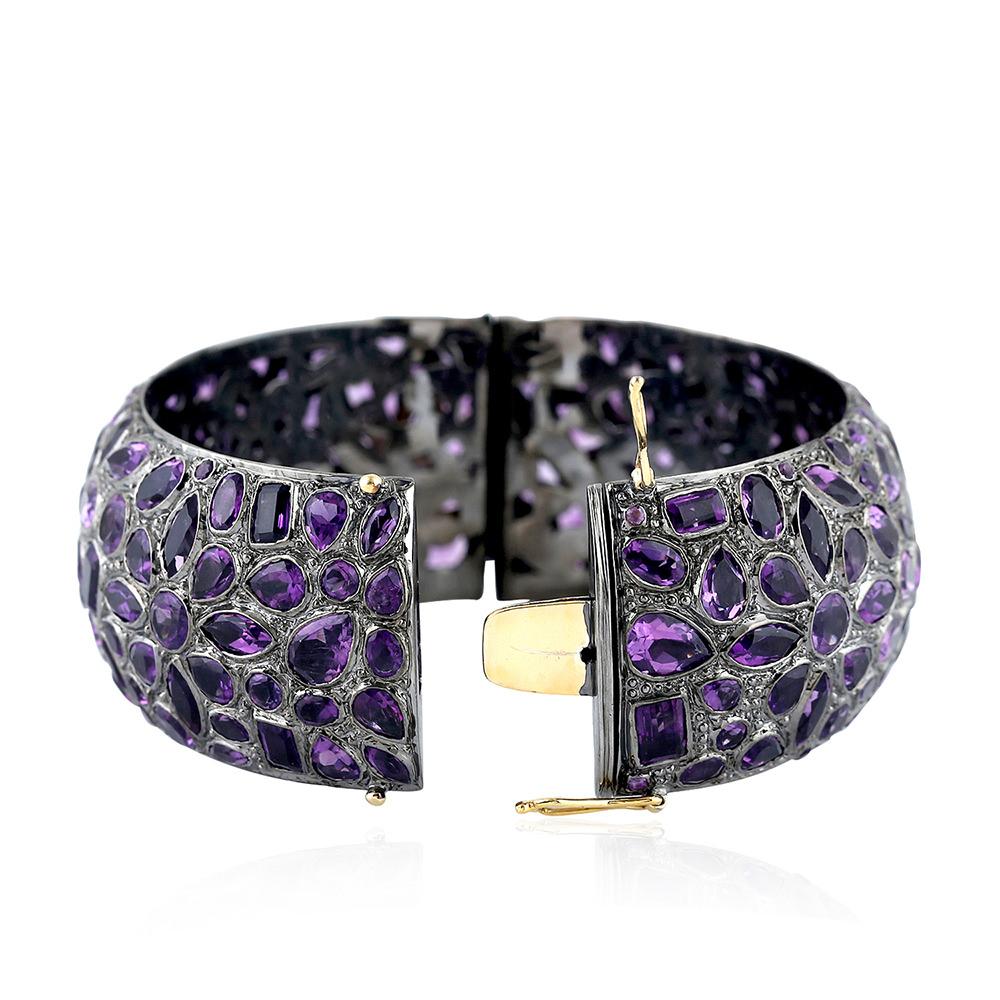 Floral Mosaic Style Amethyst Bangle in Silver In New Condition In New York, NY