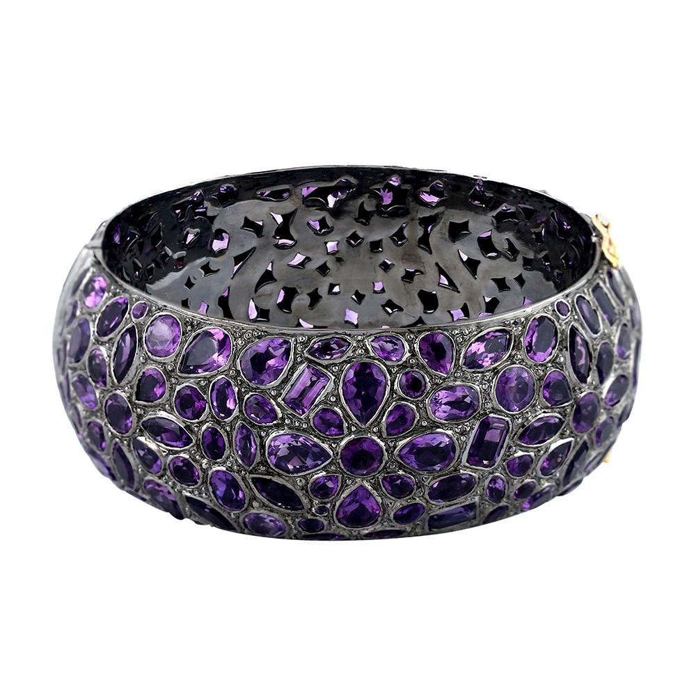 Floral Mosaic Style Amethyst Bangle in Silver