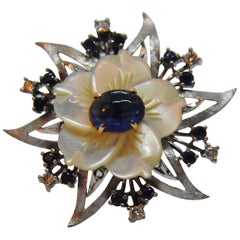 Vintage Floral Mother of Pearl White Gold Diamonds and Sapphire Brooche