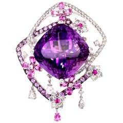 Floral Motif Amethyst and Diamond Brooch in 18 Karat White Gold
