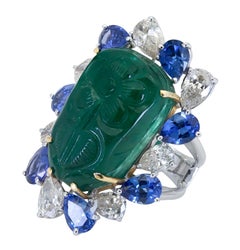 Floral Motif Carved Green Emerald, Sapphire and Diamond Cocktail Ring