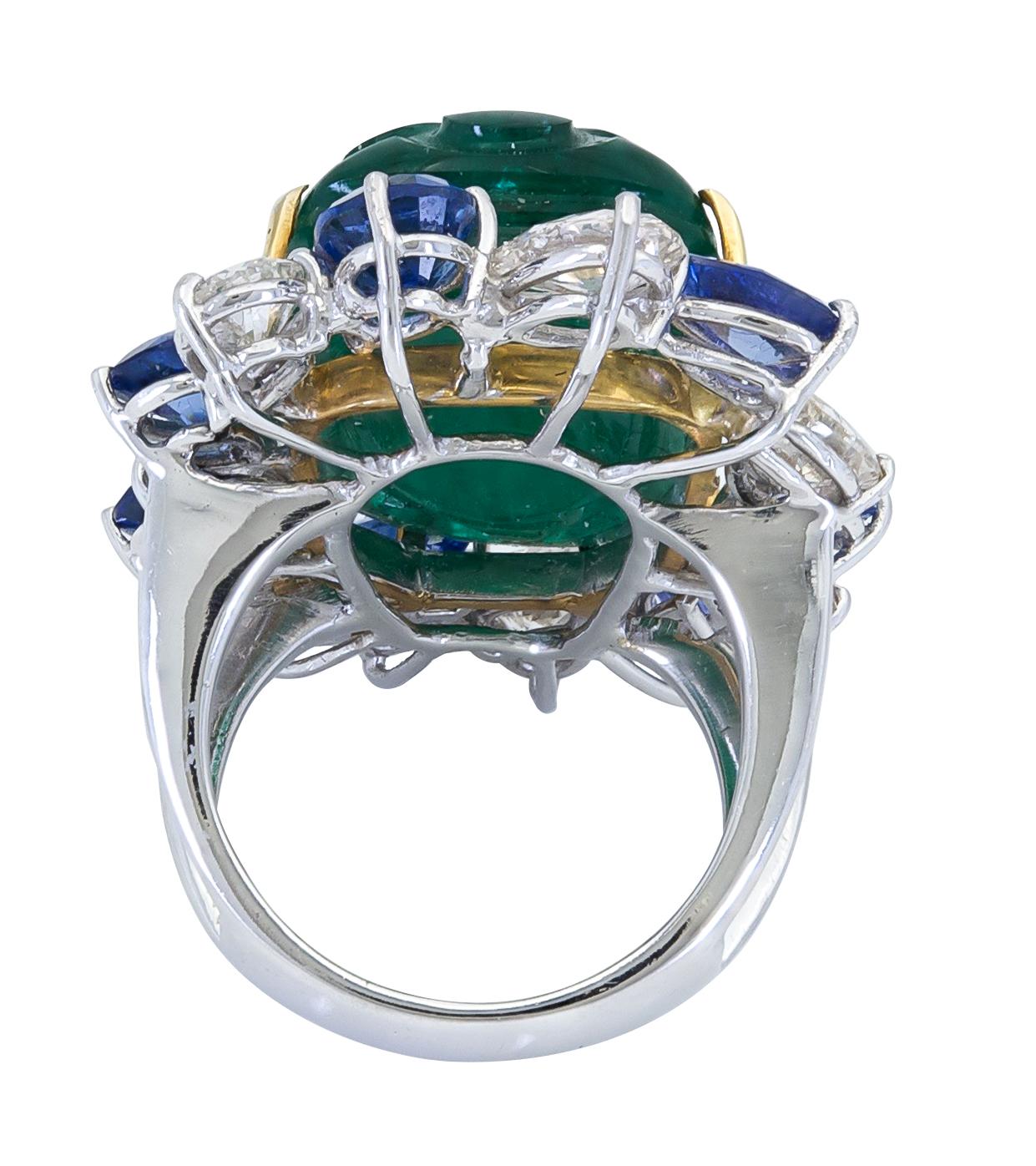 Mixed Cut Floral Motif Carved Green Emerald, Sapphire and Diamond Cocktail Ring For Sale