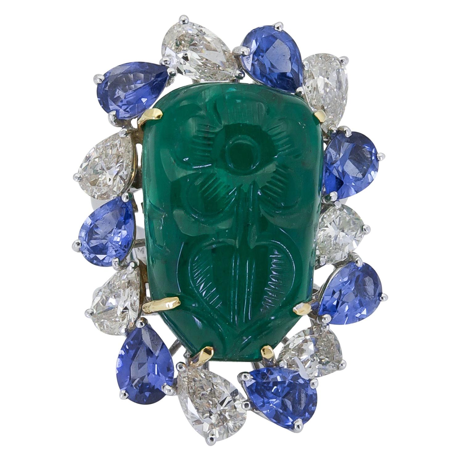 Floral Motif Carved Green Emerald, Sapphire and Diamond Cocktail Ring For Sale