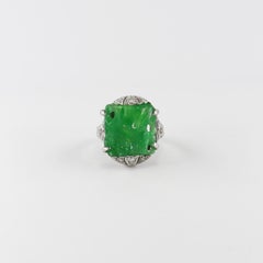 Floral Motif Carved Jadeite & Antique Diamond Platinum Ring