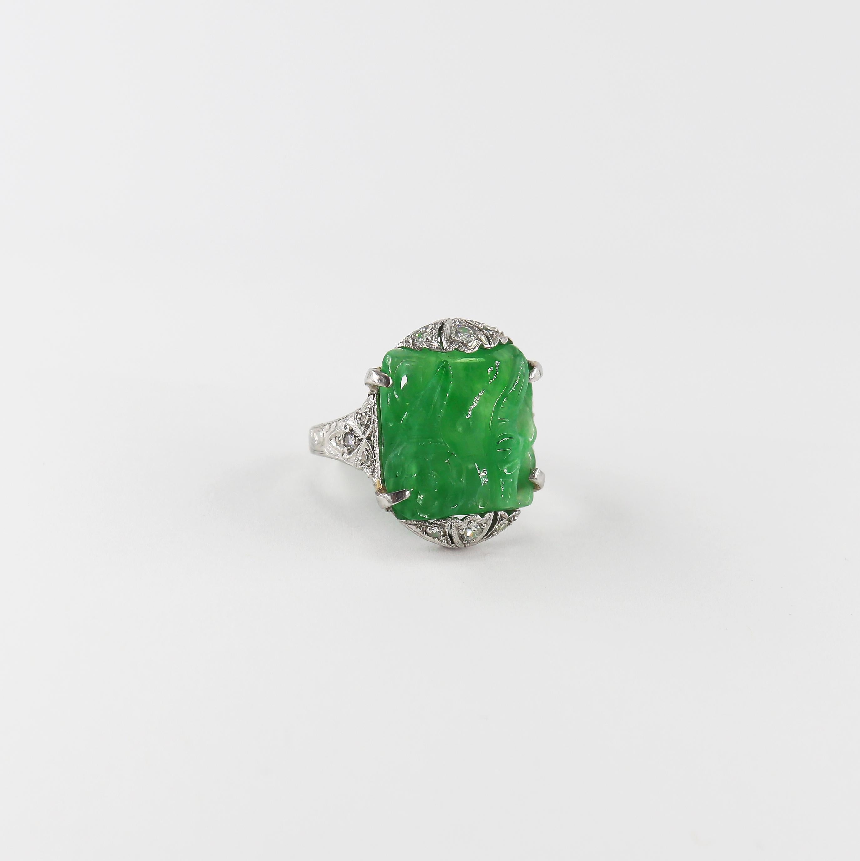 Art Deco Floral Motif Carved Jadeite & Antique Diamond Platinum Ring For Sale