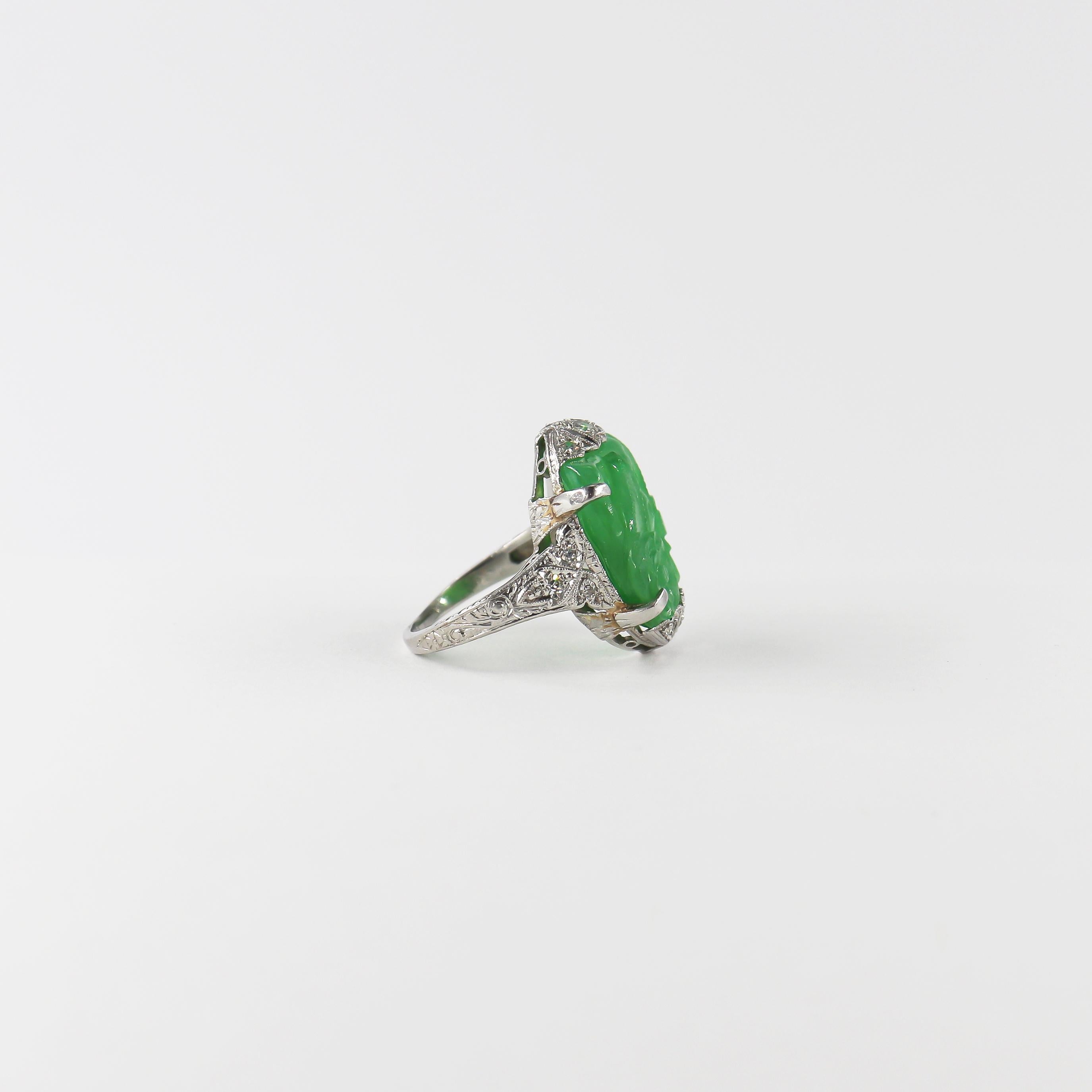 Old European Cut Floral Motif Carved Jadeite & Antique Diamond Platinum Ring For Sale