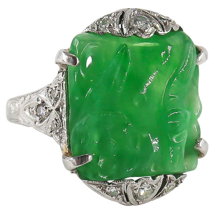 Floral Motif Carved Jadeite & Antique Diamond Platinum Ring