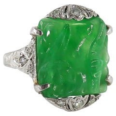 Floral Motif Carved Jadeite & Vintage Diamond Platinum Ring