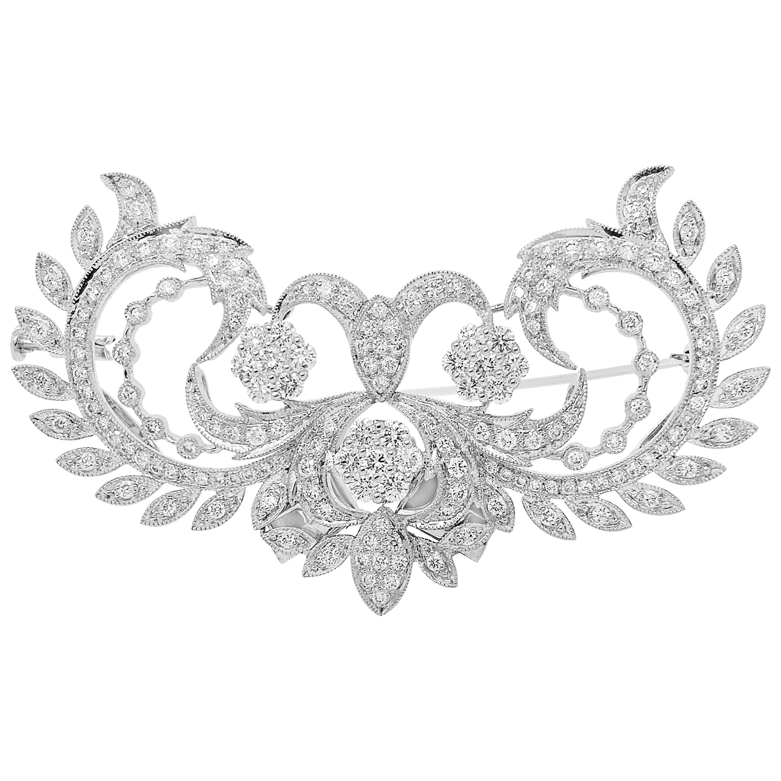 Floral Motif Diamond Brooch or Pendant